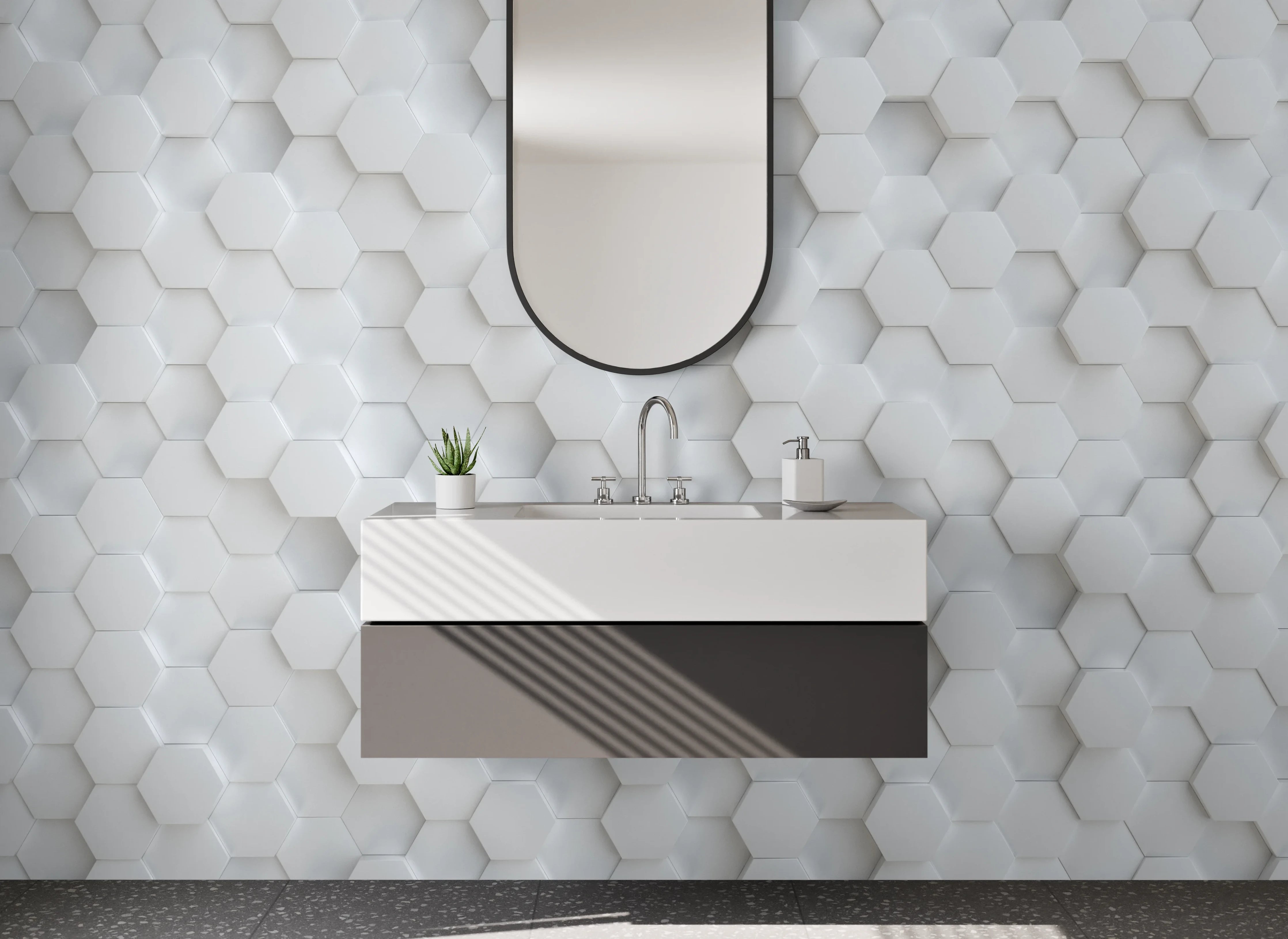 Waschbecken-Rückwand - Graue Hexagon-Wandfliese
