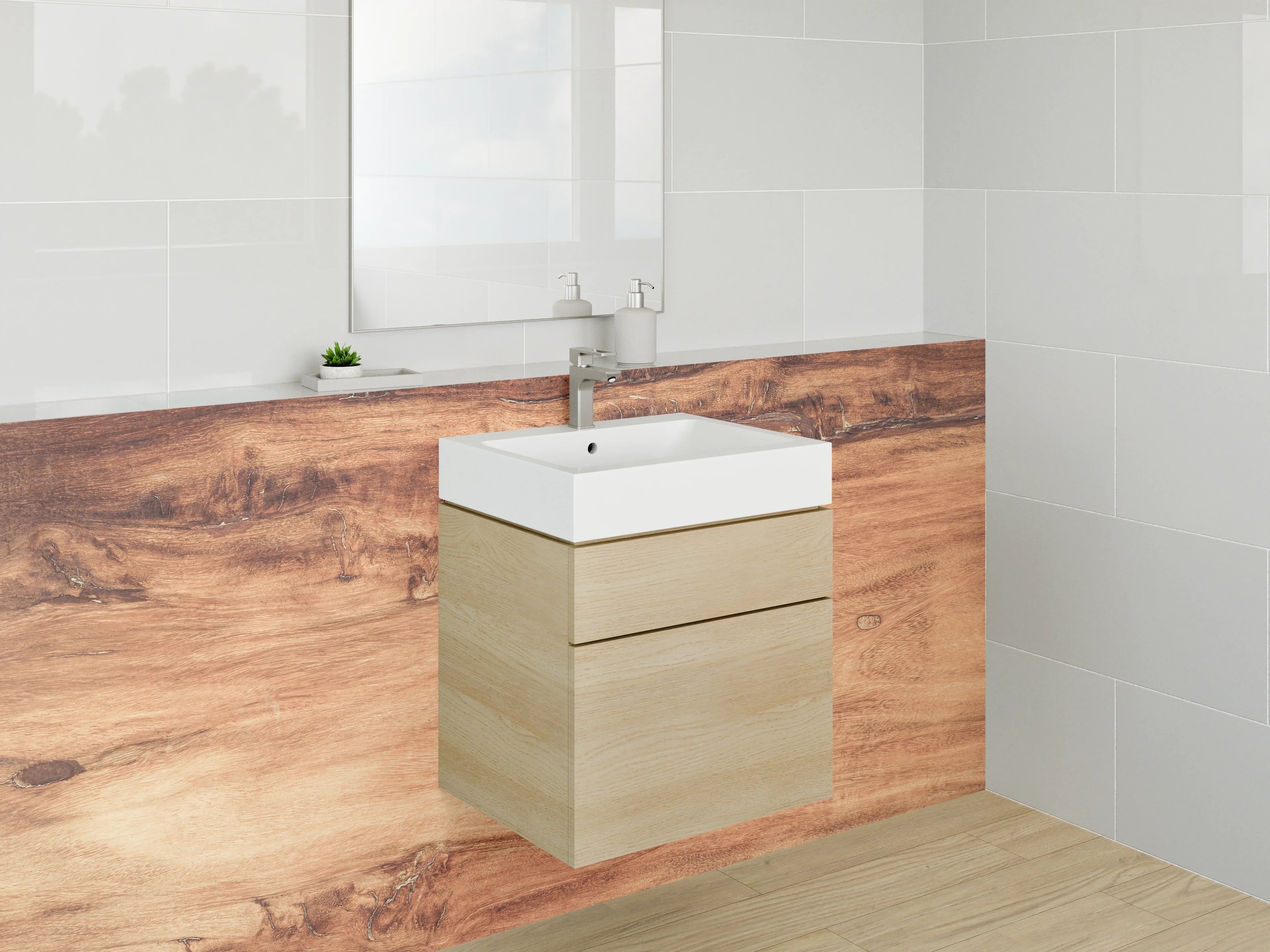 Waschbecken-Rückwand - Graue Holzmaserung in warmen Tönen