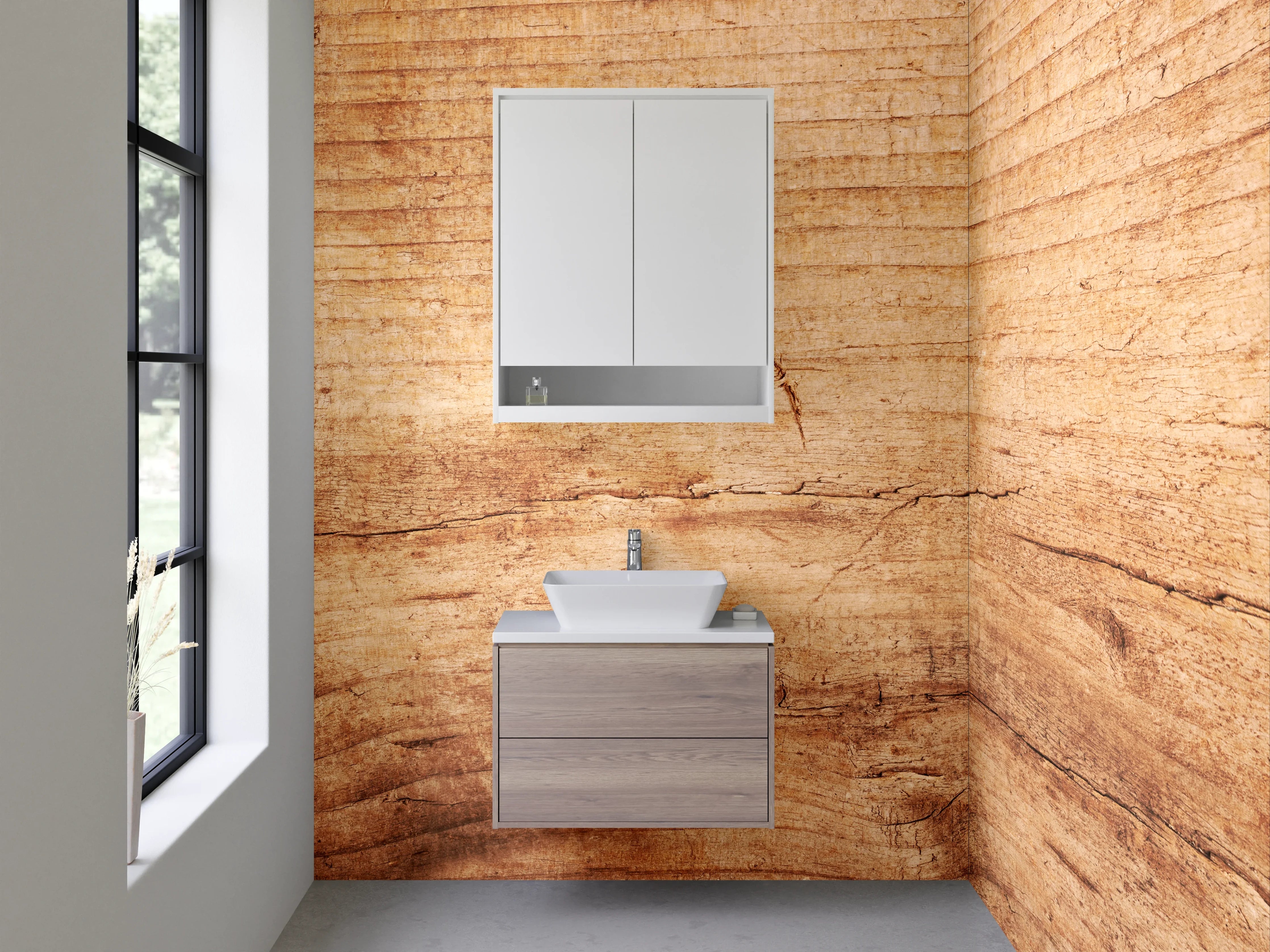 Waschbecken-Rückwand - Graue Holzoptik-Küchenrückwand in Weiß