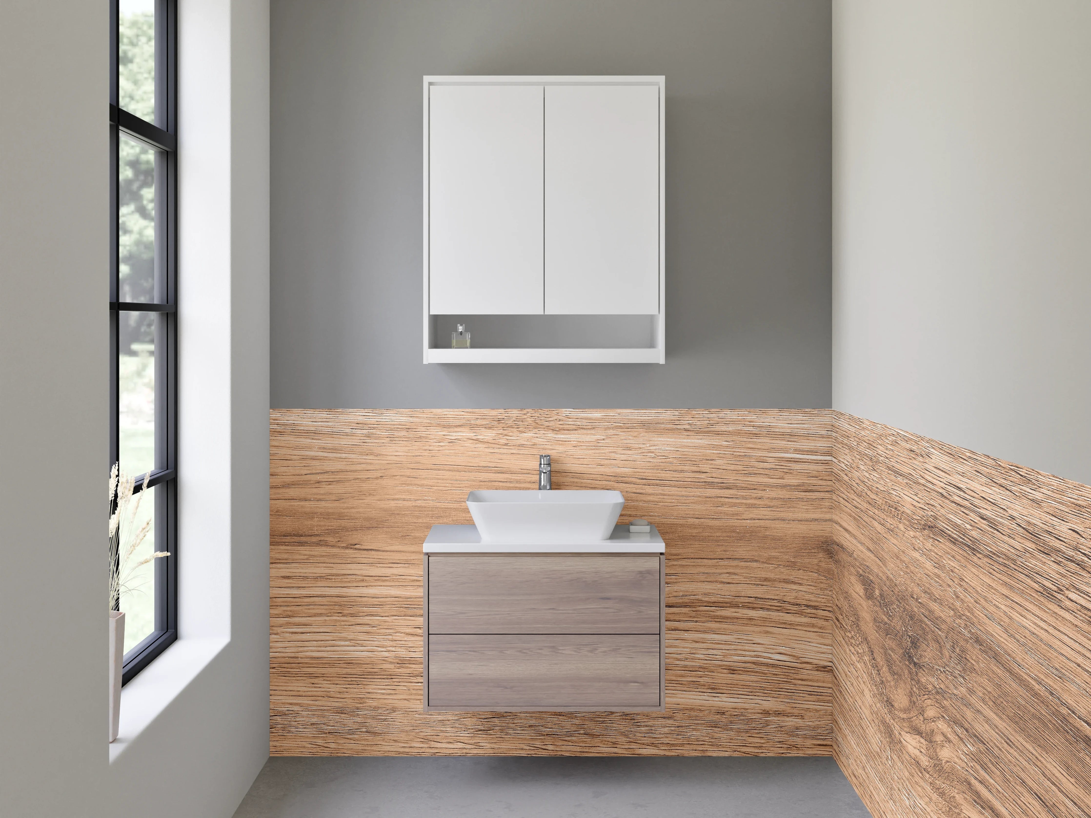 Waschbecken-Rückwand - Graue Holzoptik in warmen Tönen