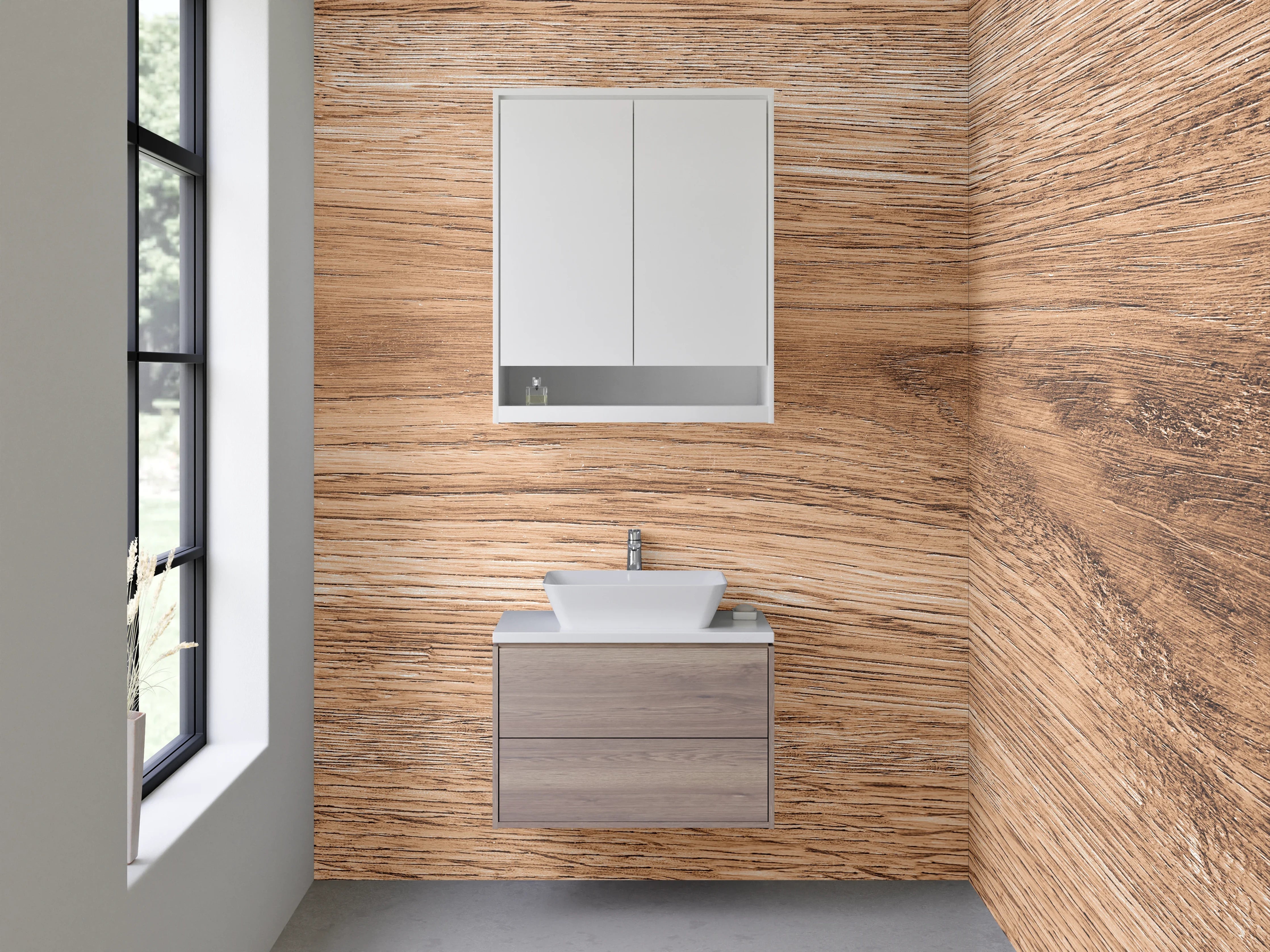 Waschbecken-Rückwand - Graue Holzoptik in warmen Tönen