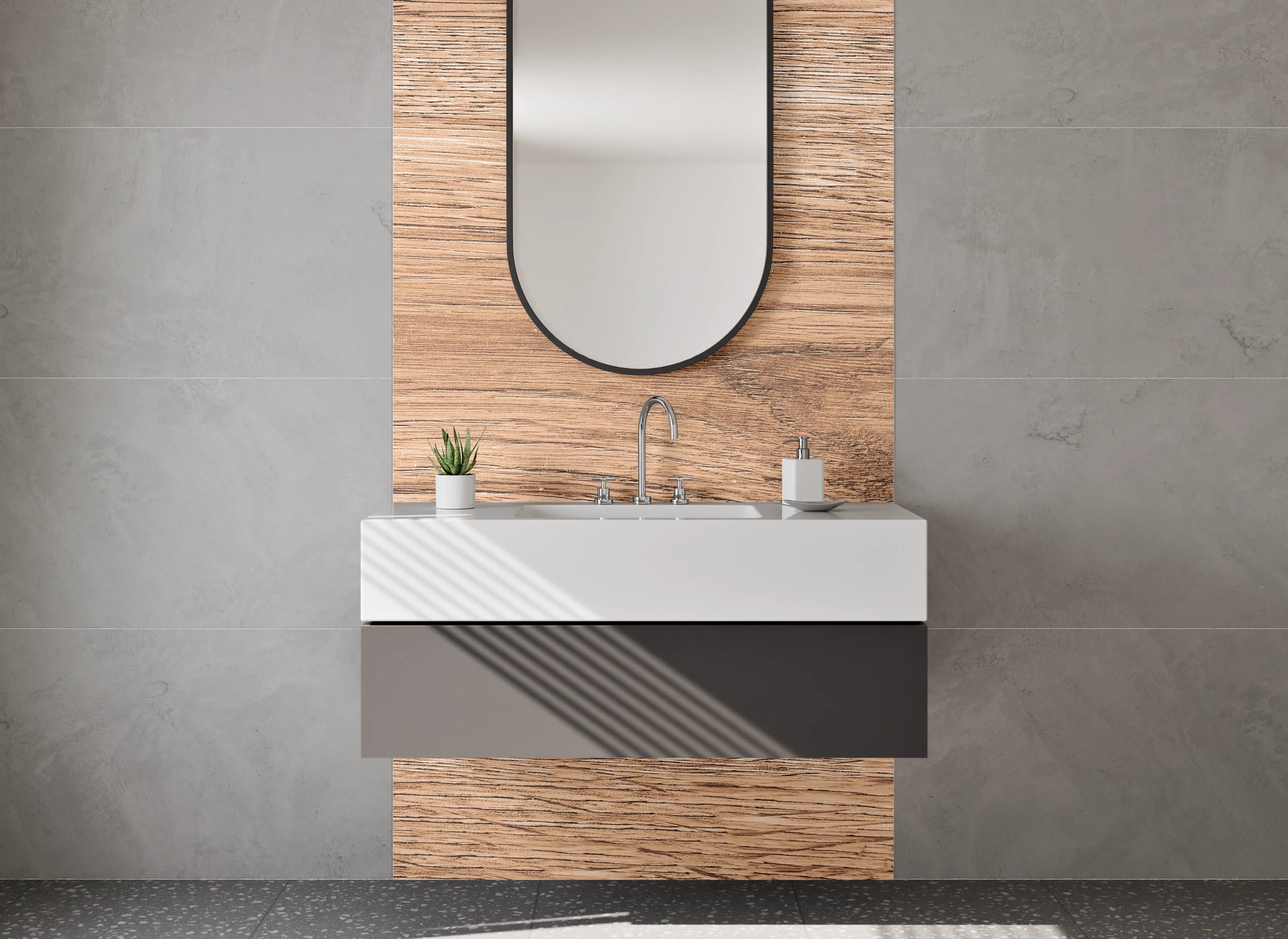 Waschbecken-Rückwand - Graue Holzoptik in warmen Tönen