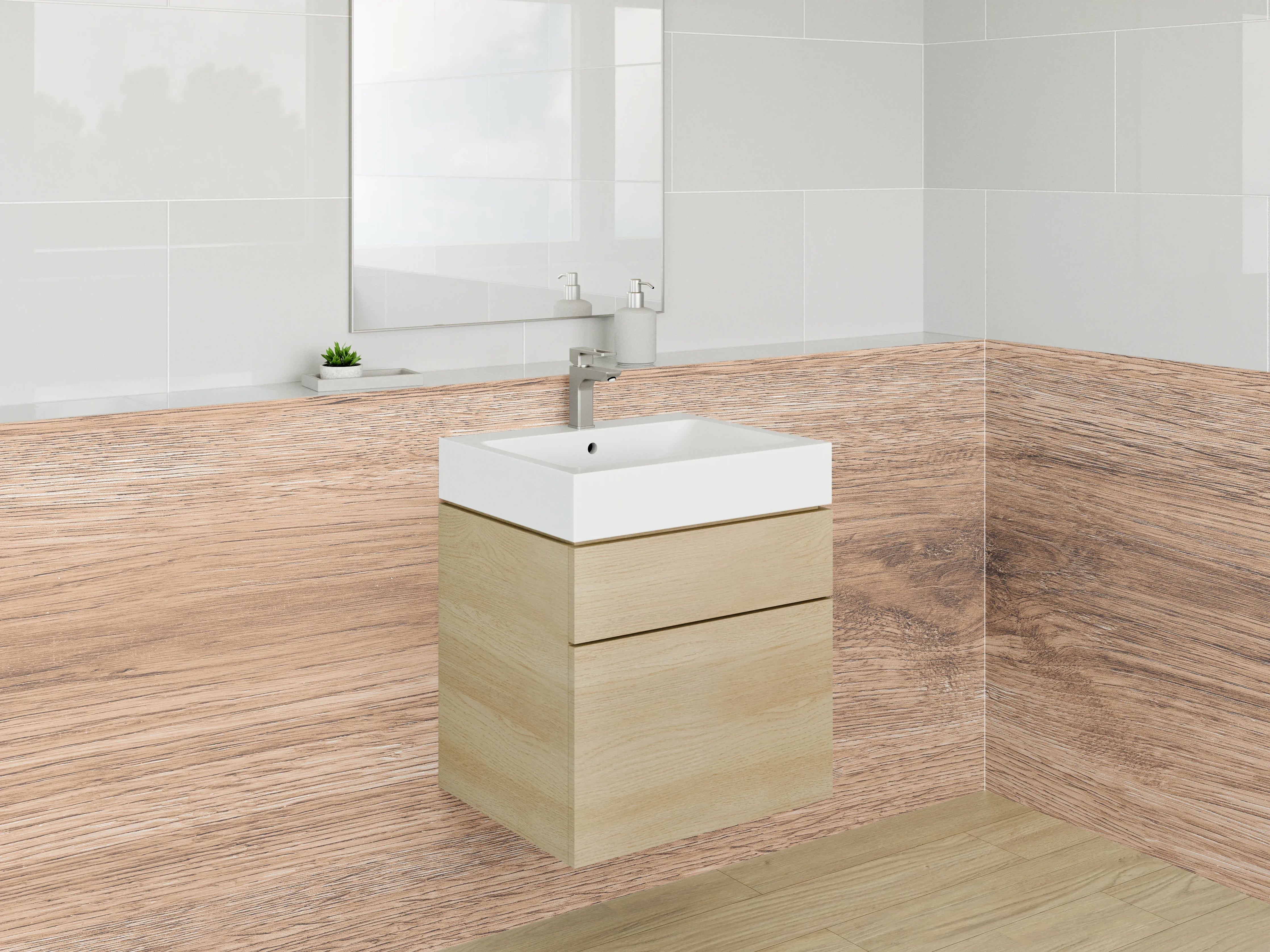 Waschbecken-Rückwand - Graue Holzoptik in warmen Tönen