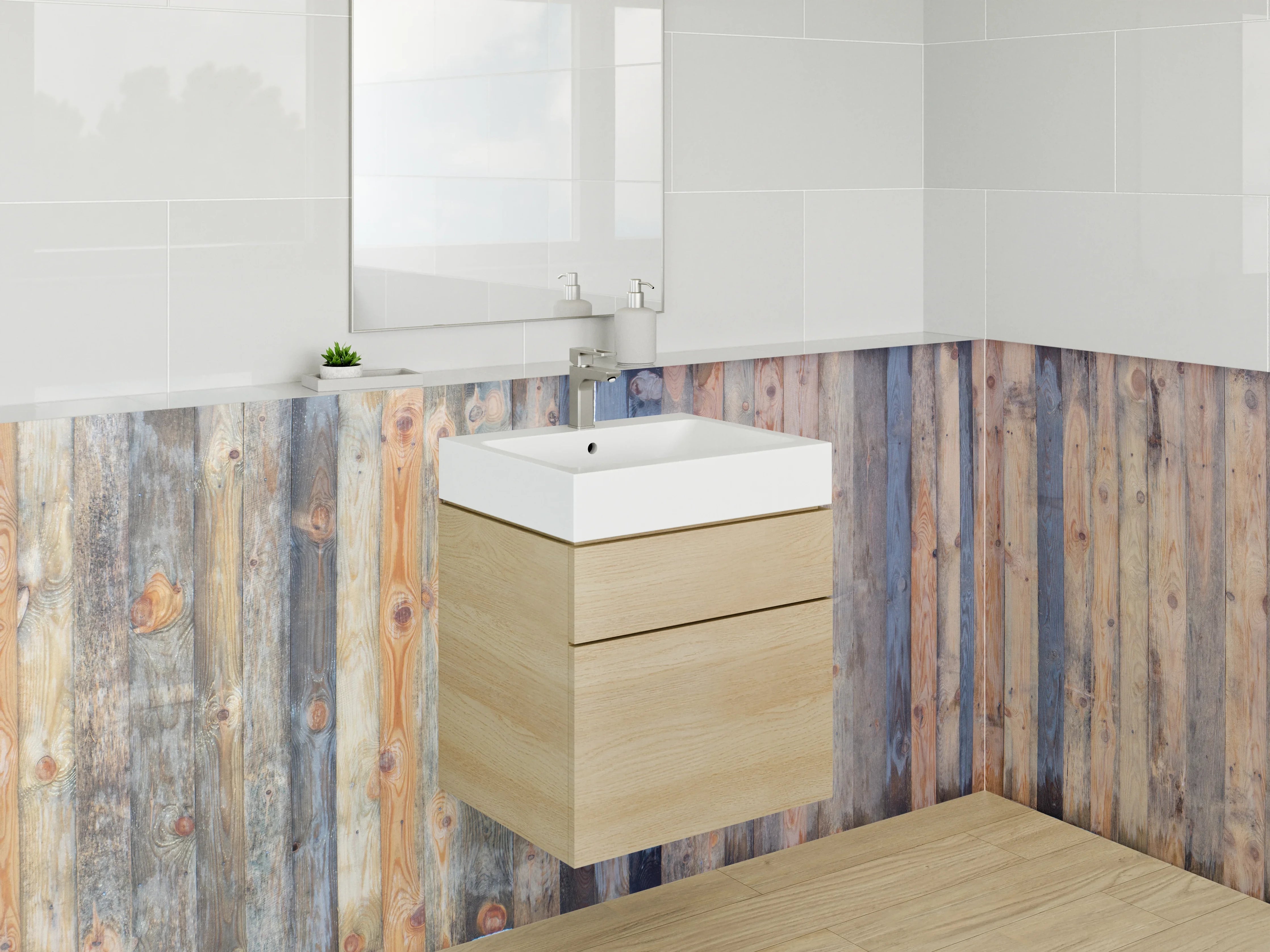 Waschbecken-Rückwand - Graue Holzrückwände mit weißen Akzenten
