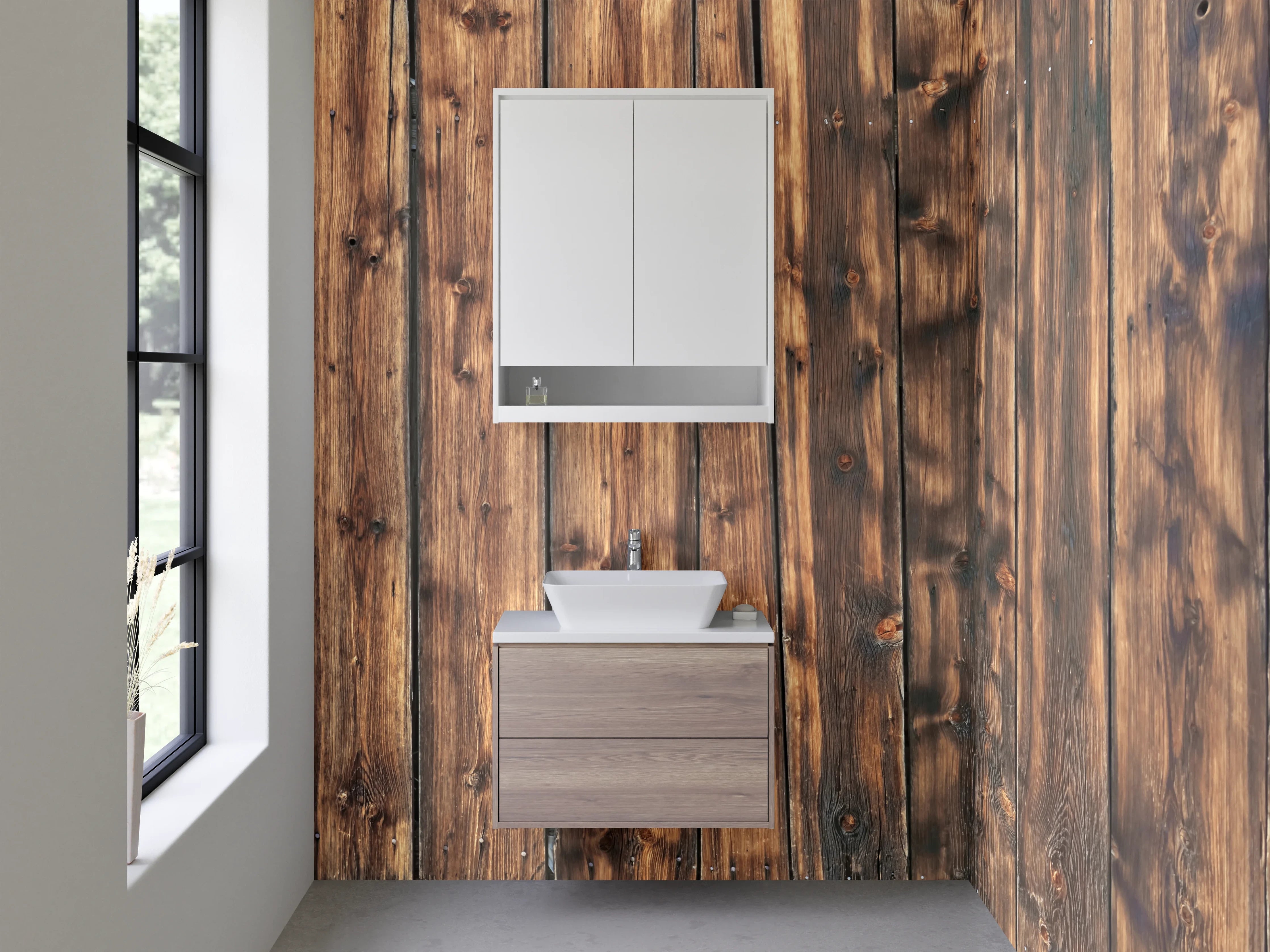 Waschbecken-Rückwand - Graue Holzrückwand mit weißen Mustern