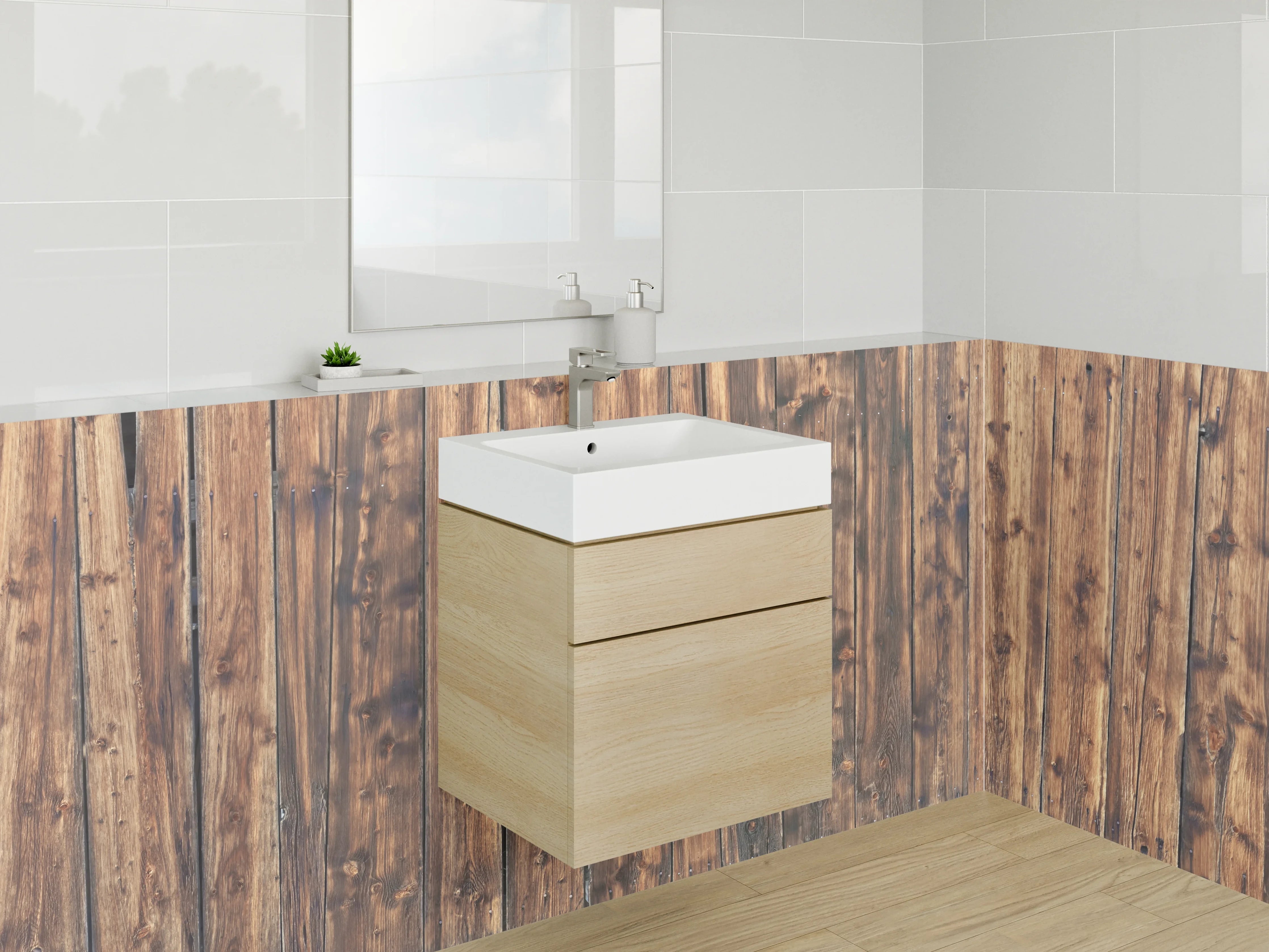 Waschbecken-Rückwand - Graue Holzrückwand mit weißen Mustern