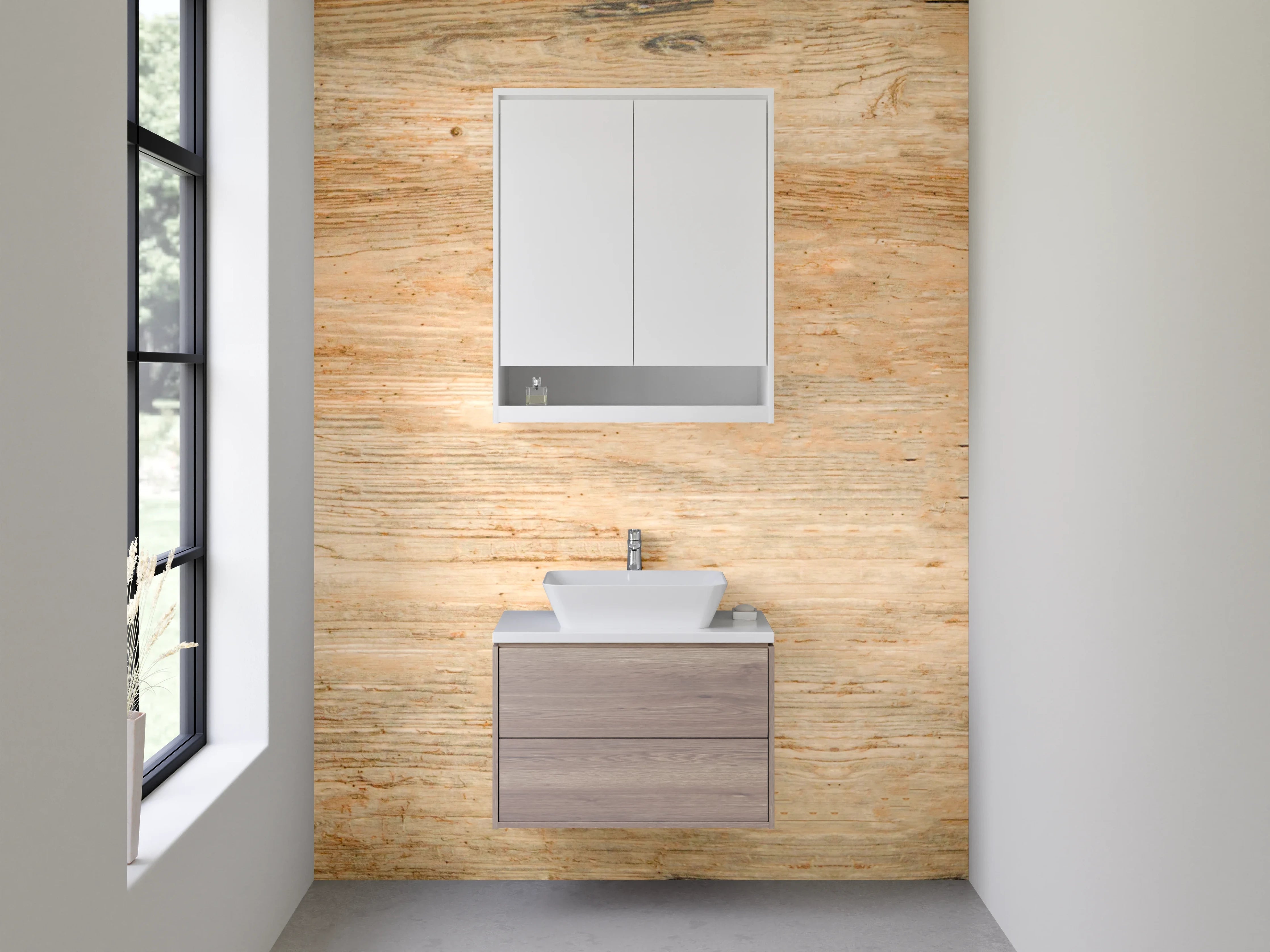 Waschbecken-Rückwand - Graue Holzstruktur trifft weiße Akzente