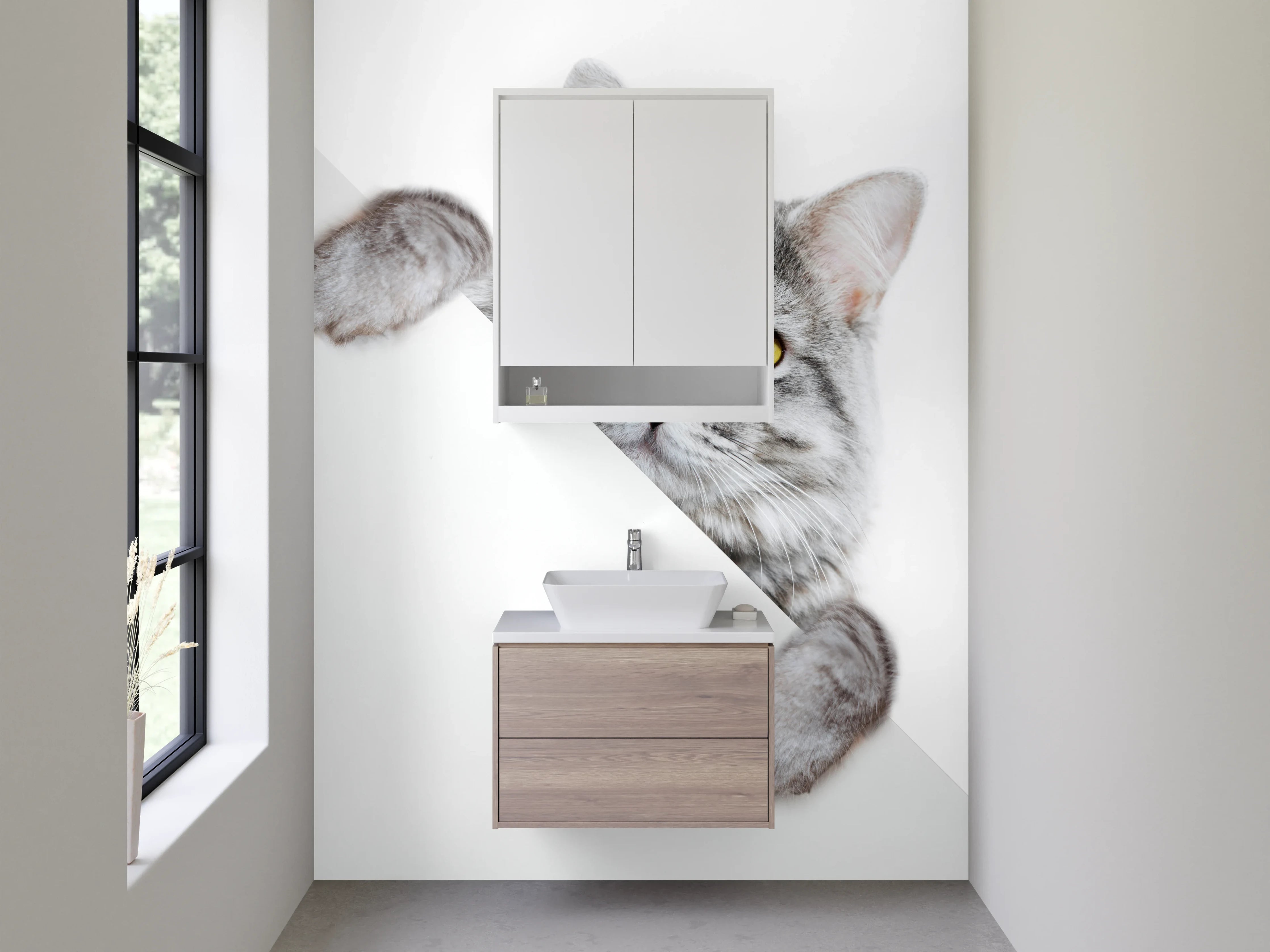 Waschbecken-Rückwand - Graue Katze schaut hervor Illustration