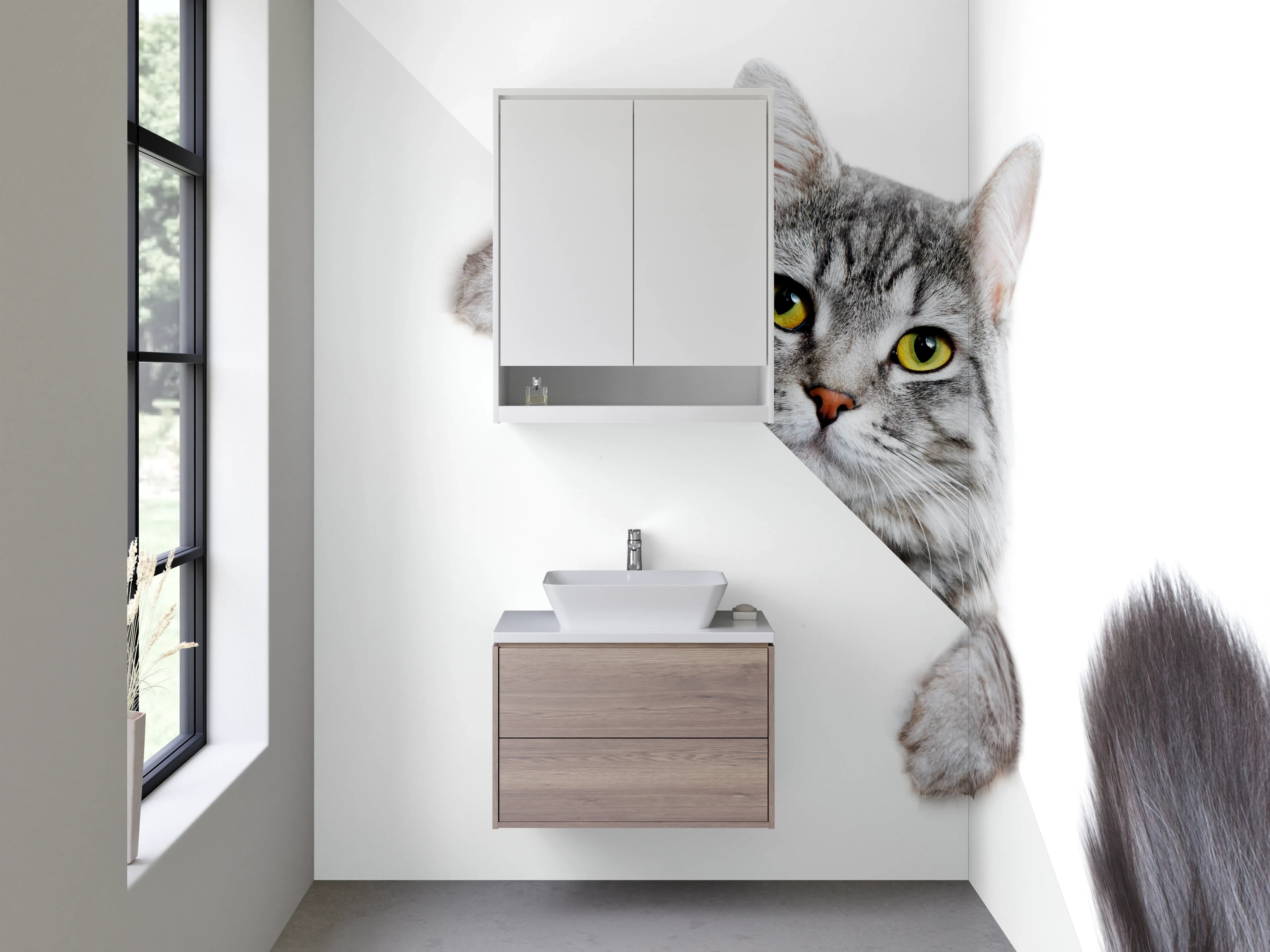 Waschbecken-Rückwand - Graue Katze schaut hervor Illustration