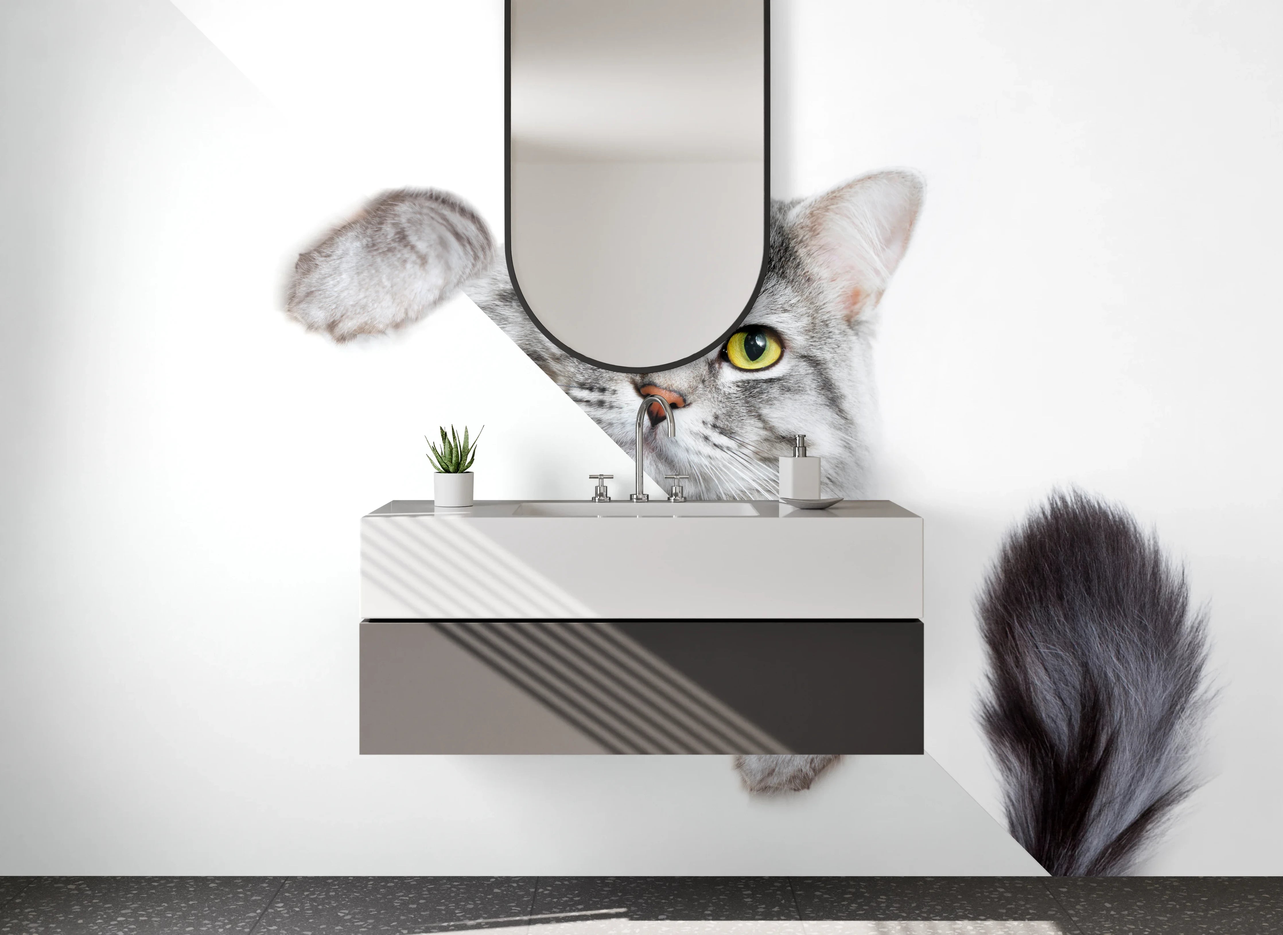Waschbecken-Rückwand - Graue Katze schaut hervor Illustration