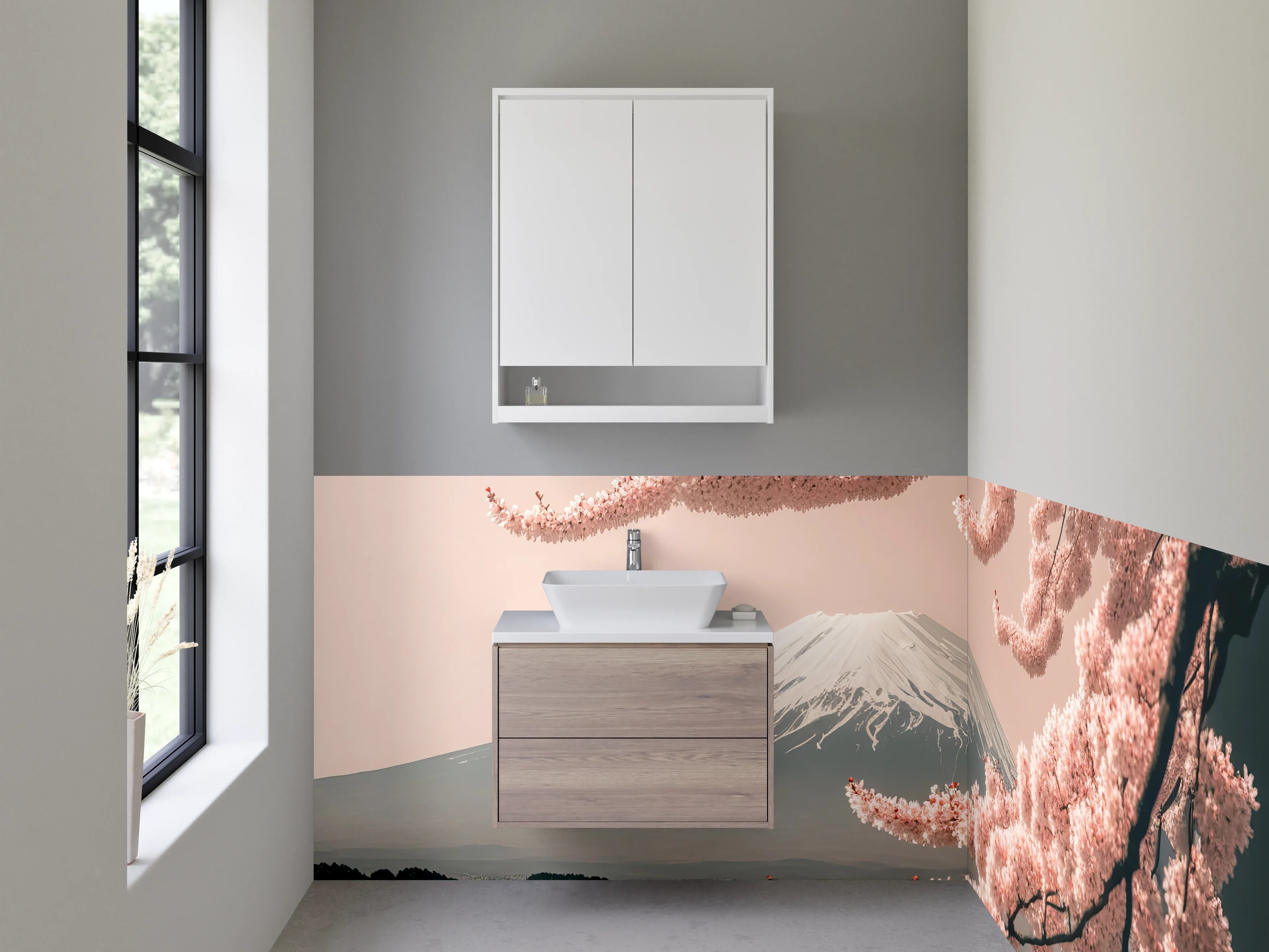 Waschbecken-Rückwand - Graue Kirschblüten vor Fuji