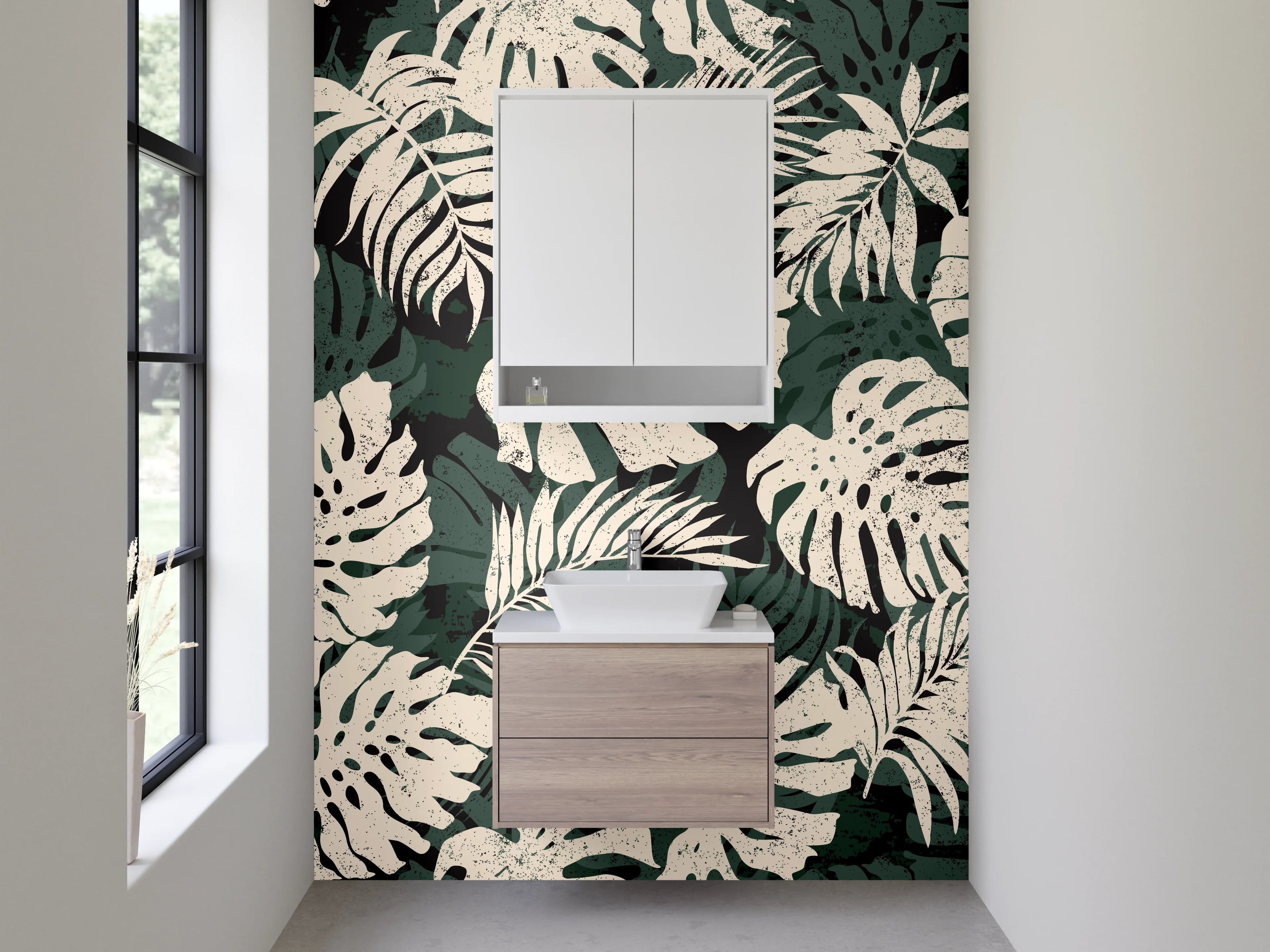 Waschbecken-Rückwand - Graue Monstera Silhouetten auf Weiß