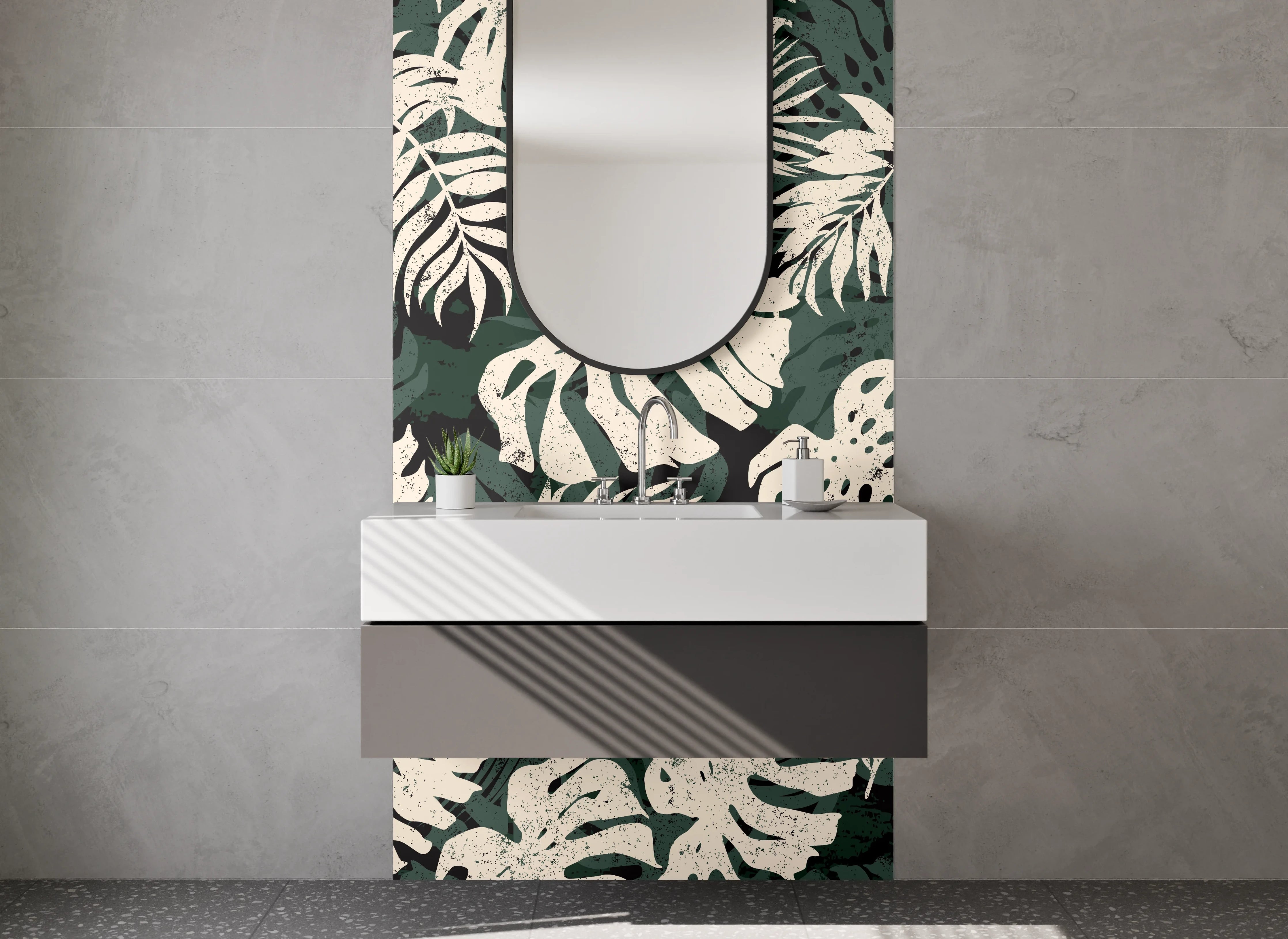 Waschbecken-Rückwand - Graue Monstera Silhouetten auf Weiß