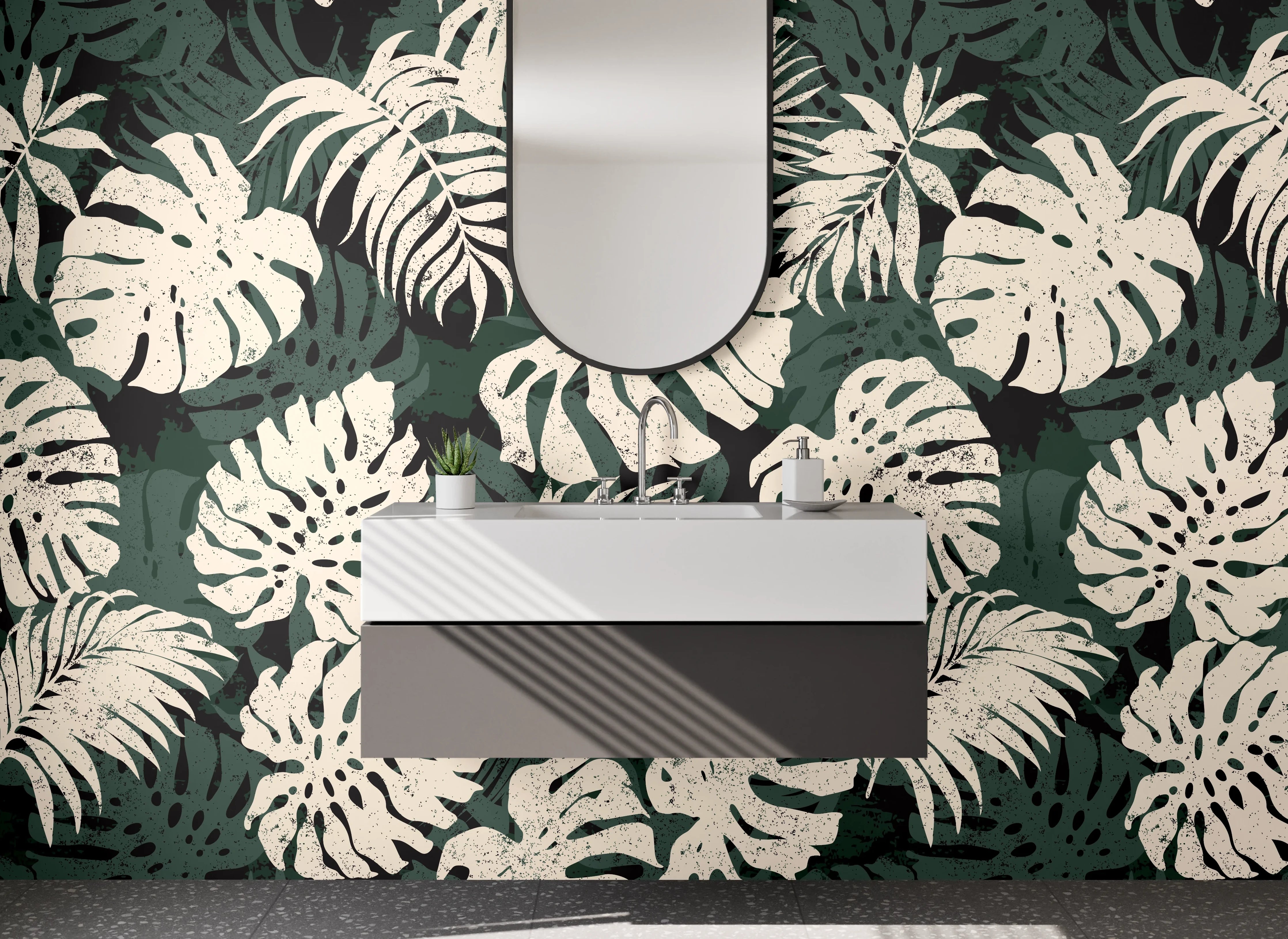 Waschbecken-Rückwand - Graue Monstera Silhouetten auf Weiß