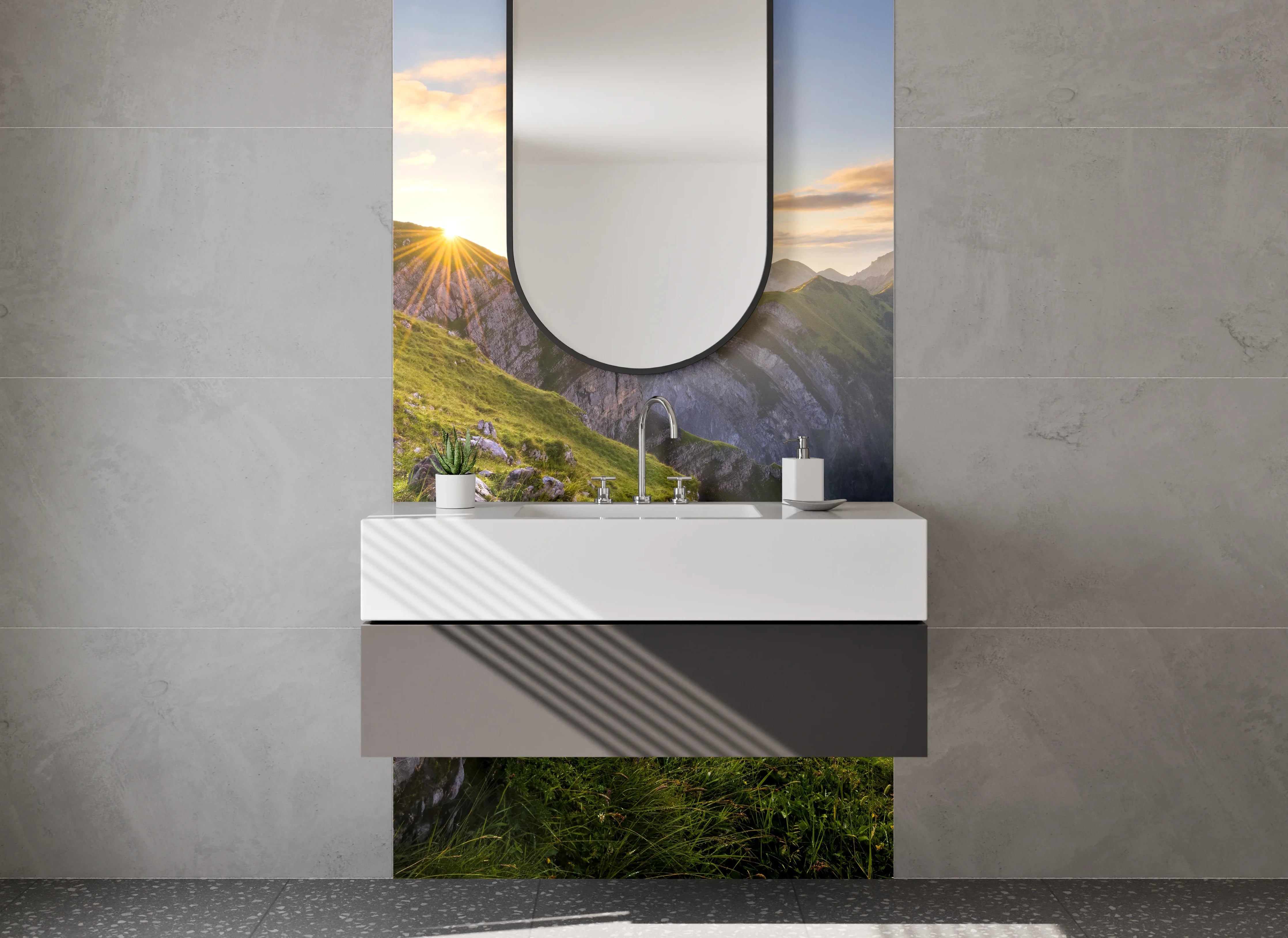 Waschbecken-Rückwand - Graue Morgendämmerung über Gipfeln