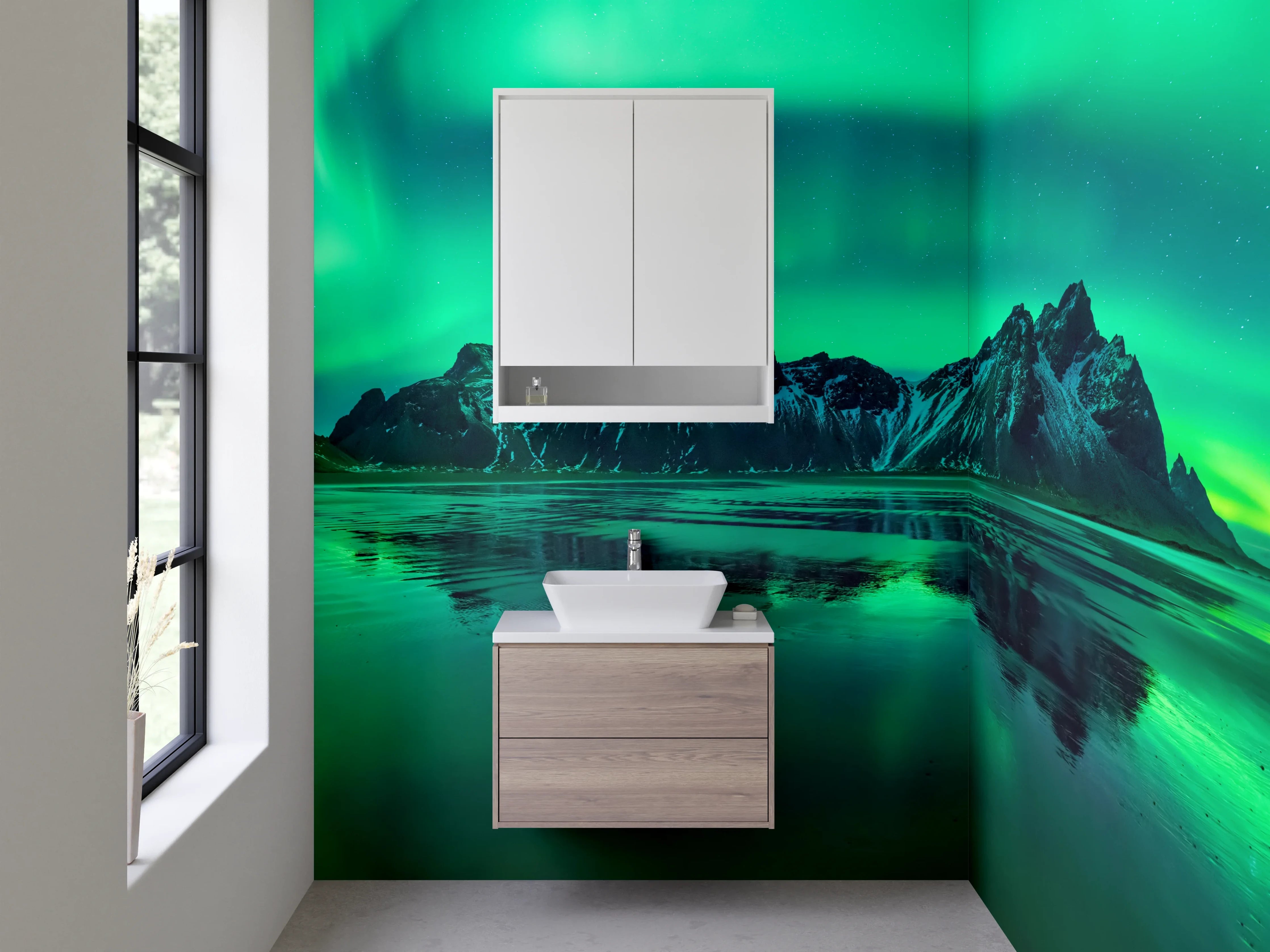 Waschbecken-Rückwand - Graue Nordlichter im Schneegestöber