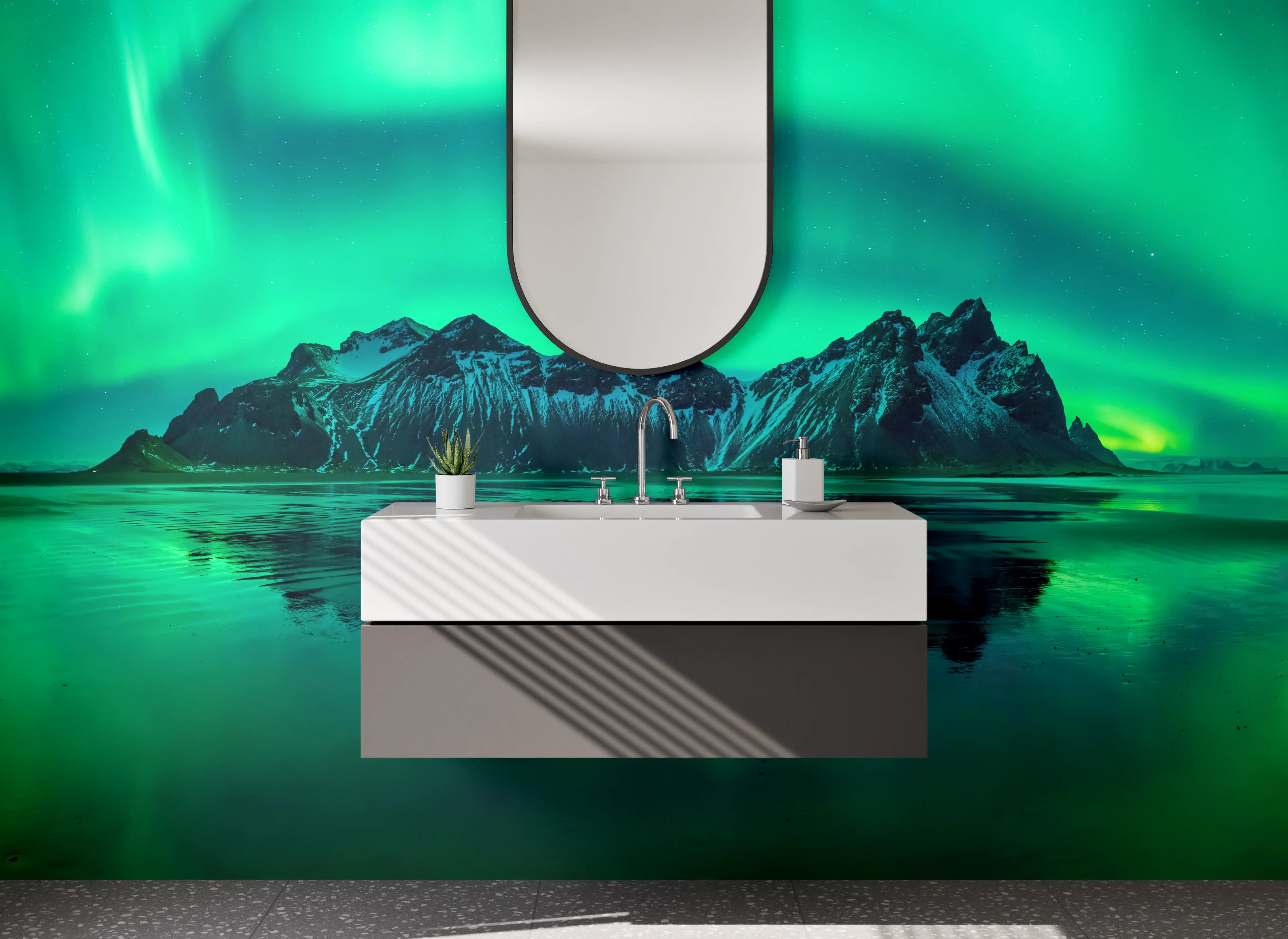 Waschbecken-Rückwand - Graue Nordlichter im Schneegestöber