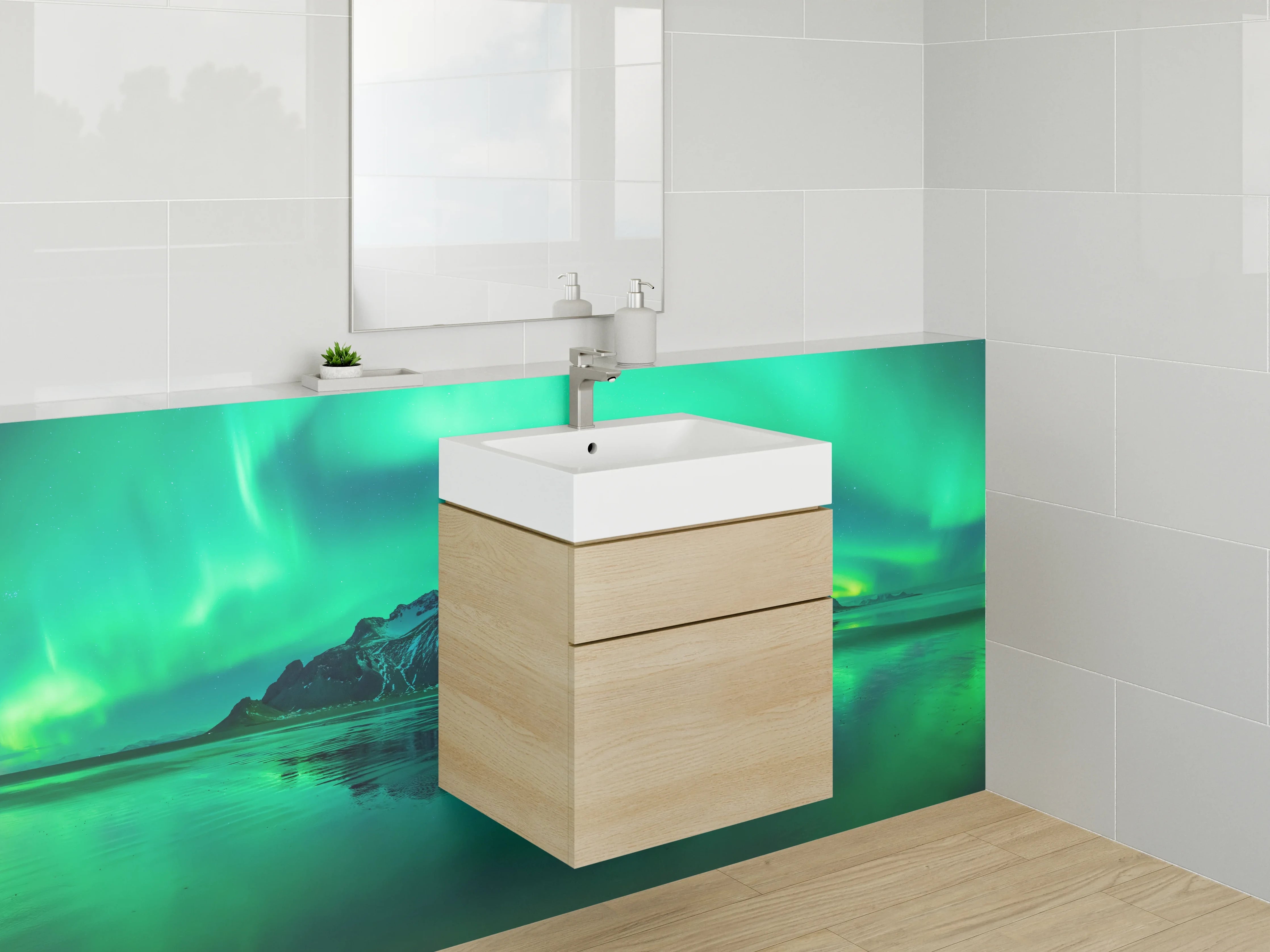 Waschbecken-Rückwand - Graue Nordlichter im Schneegestöber