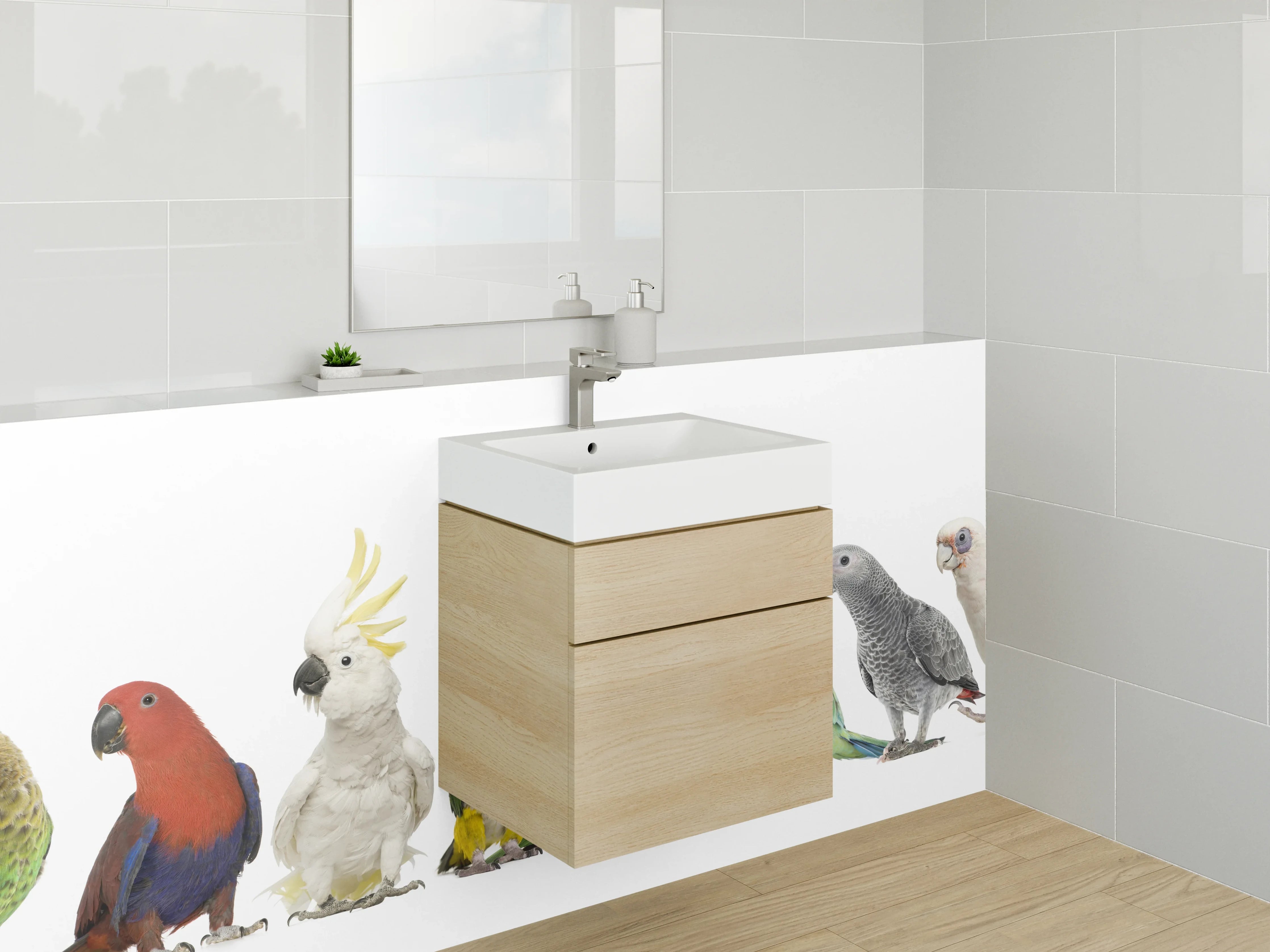 Waschbecken-Rückwand - Graue Papageienkunst für Badwand