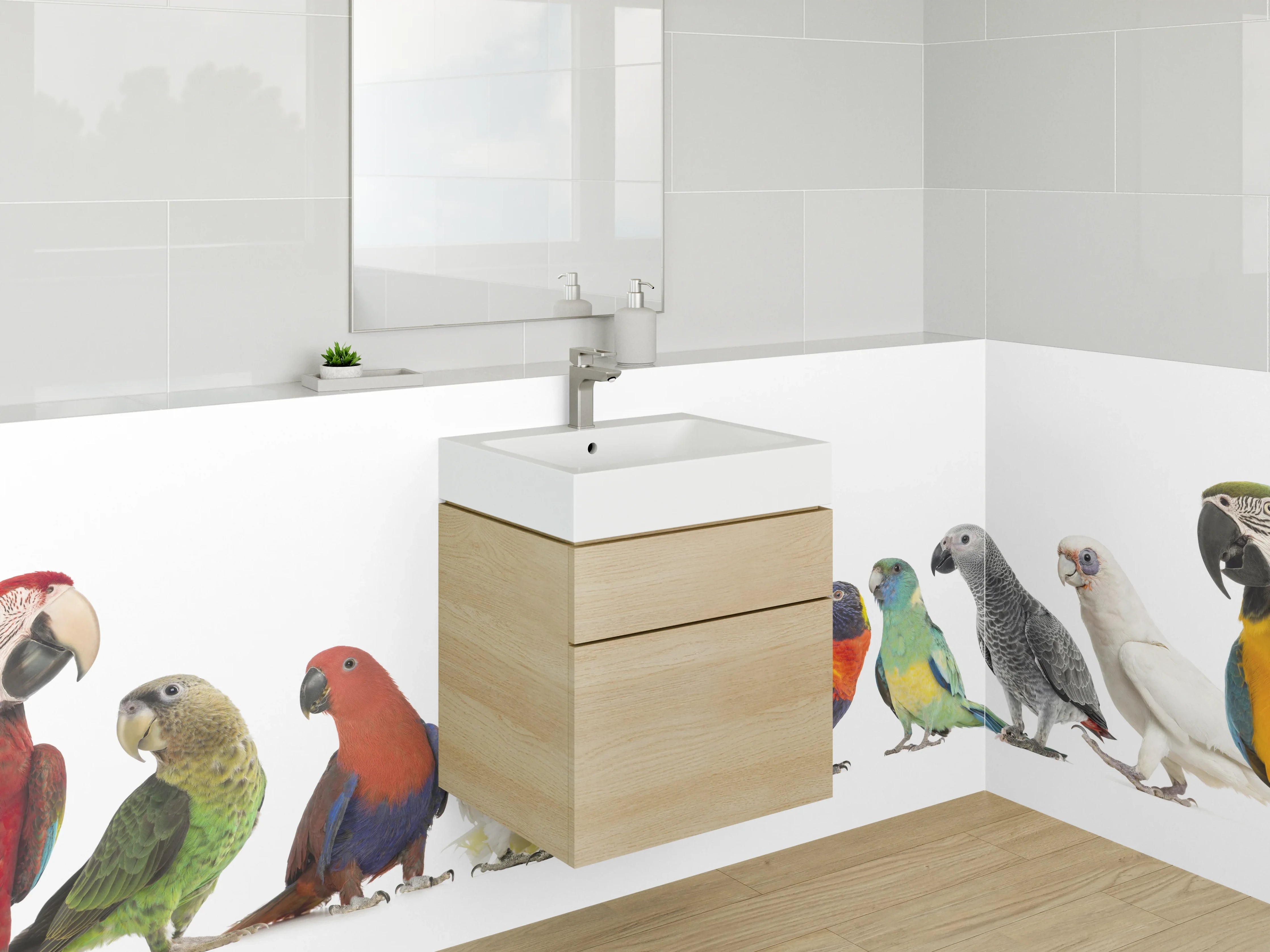 Waschbecken-Rückwand - Graue Papageienkunst für Badwand
