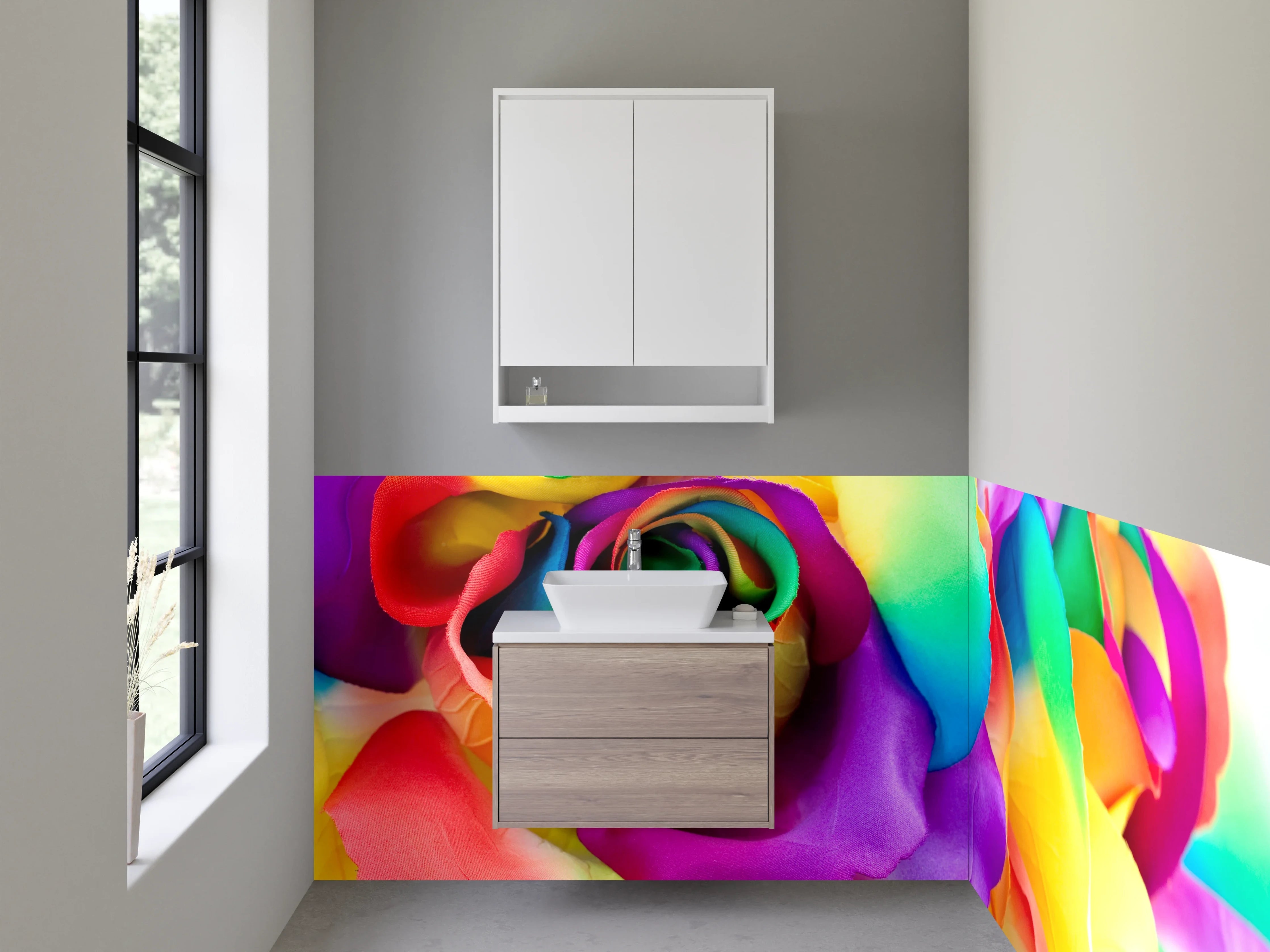 Waschbecken-Rückwand - Graue Regenbogenblüten