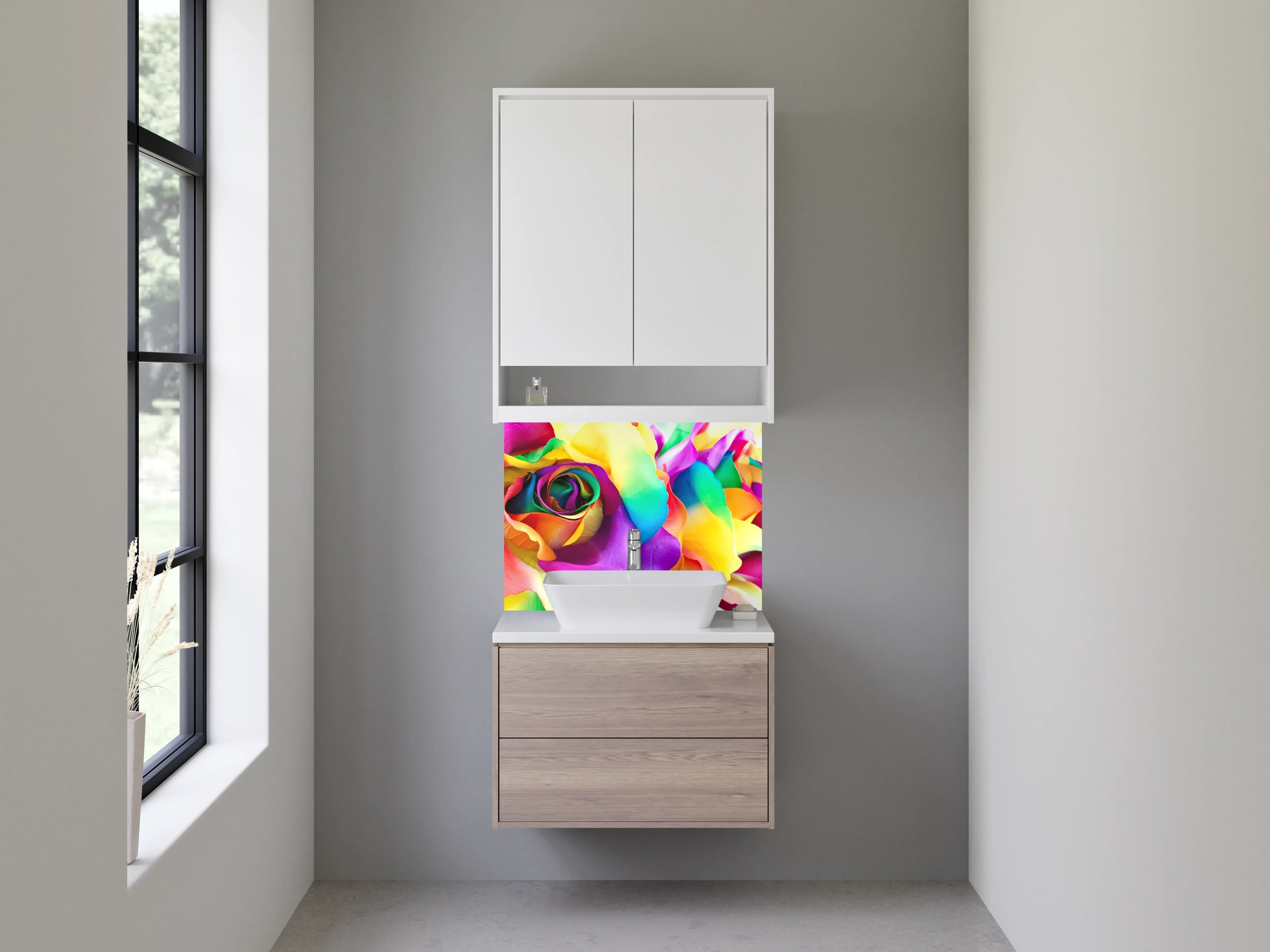 Waschbecken-Rückwand - Graue Regenbogenblüten