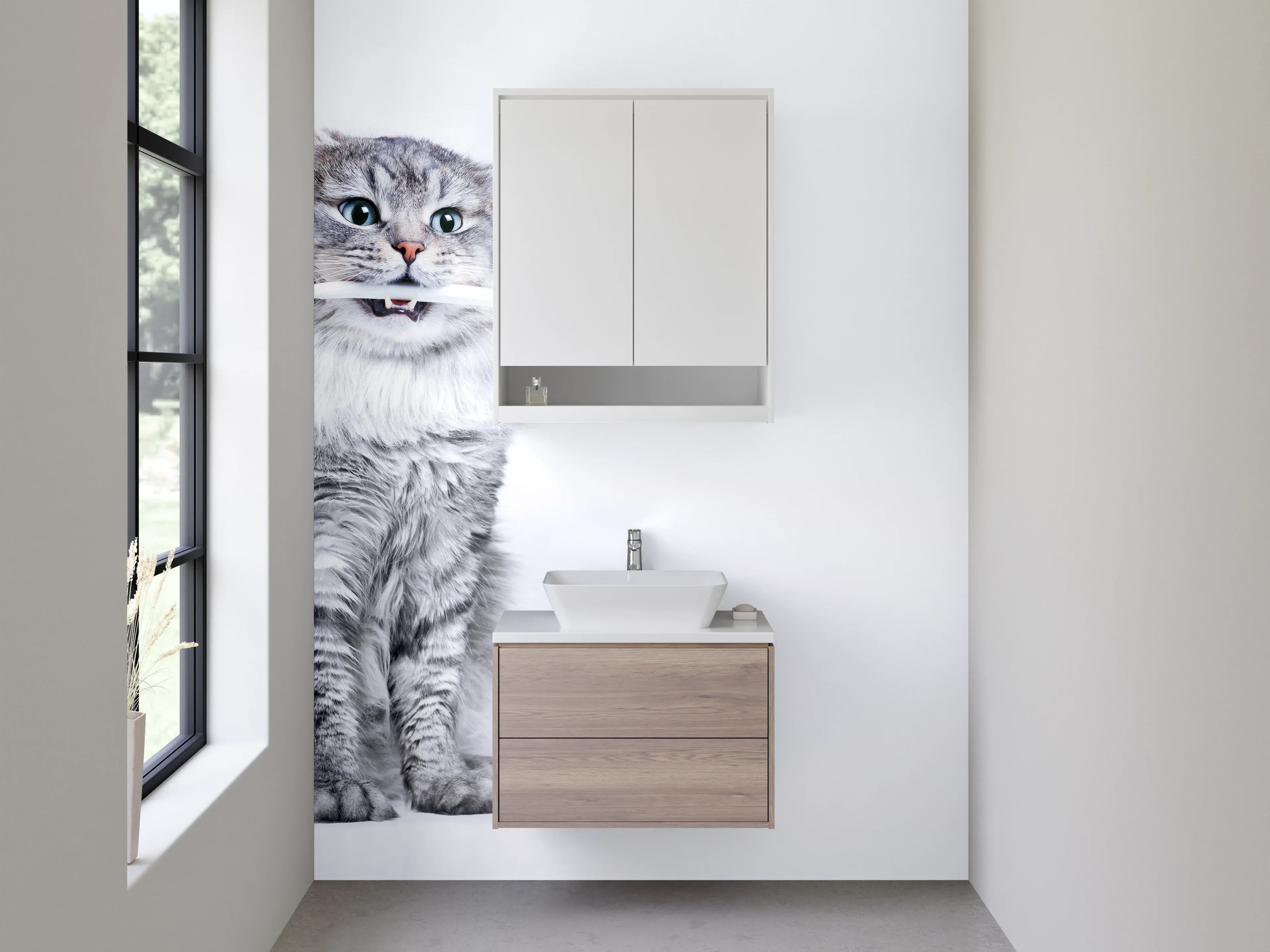 Waschbecken-Rückwand - Graue Schmusekatze putzt Zähne