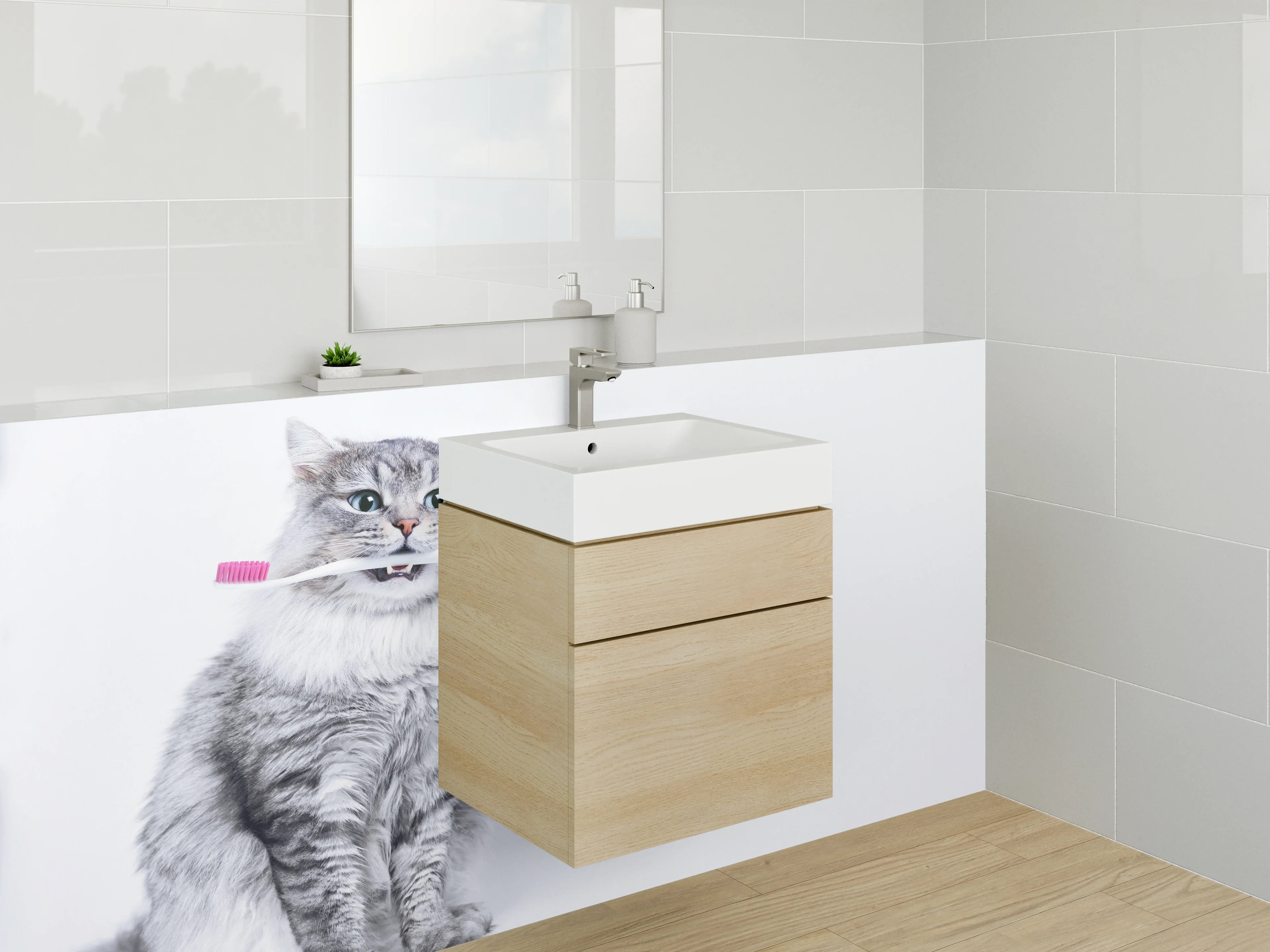 Waschbecken-Rückwand - Graue Schmusekatze putzt Zähne