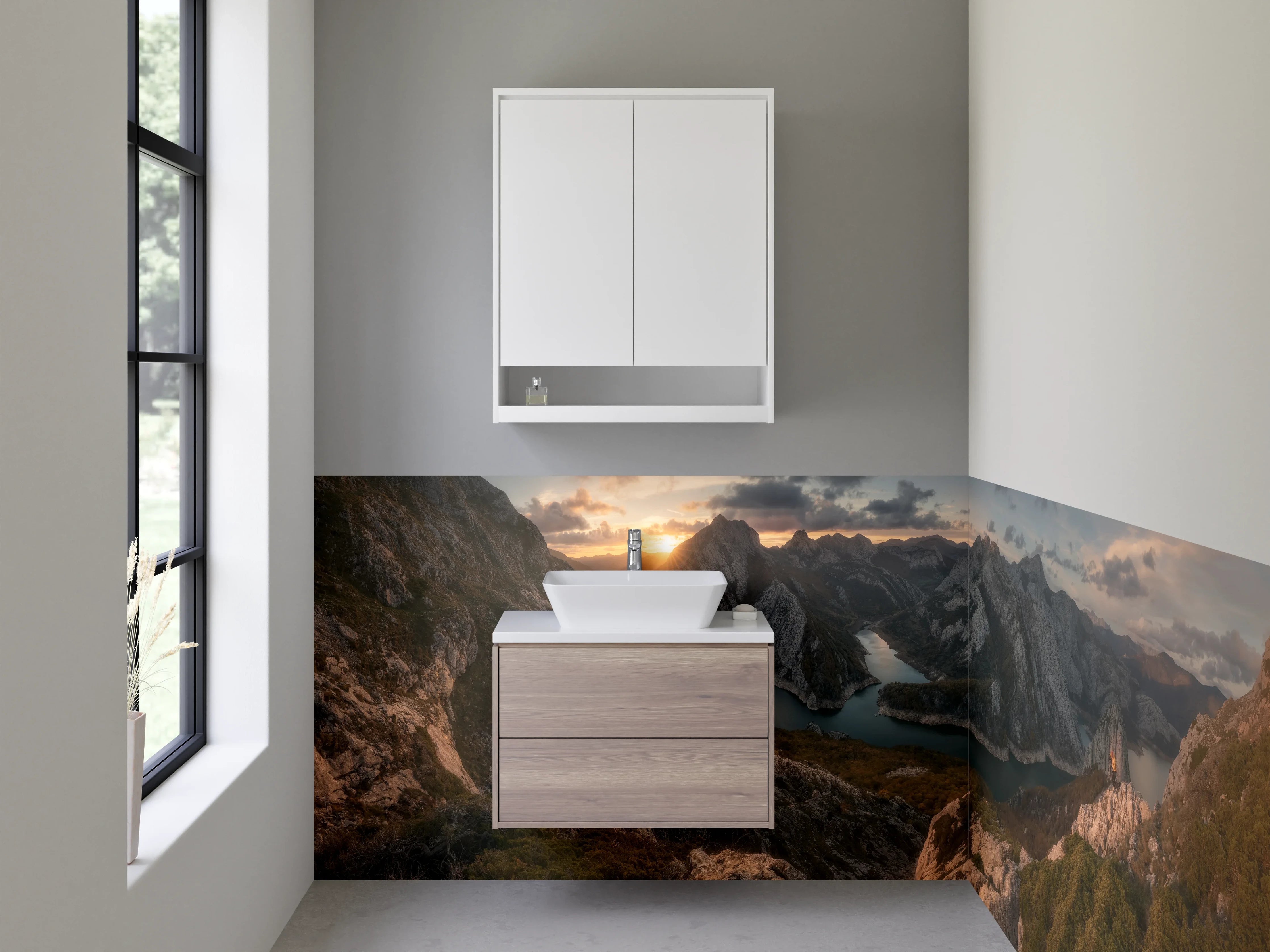 Waschbecken-Rückwand - Graue Sonnenuntergangsberge