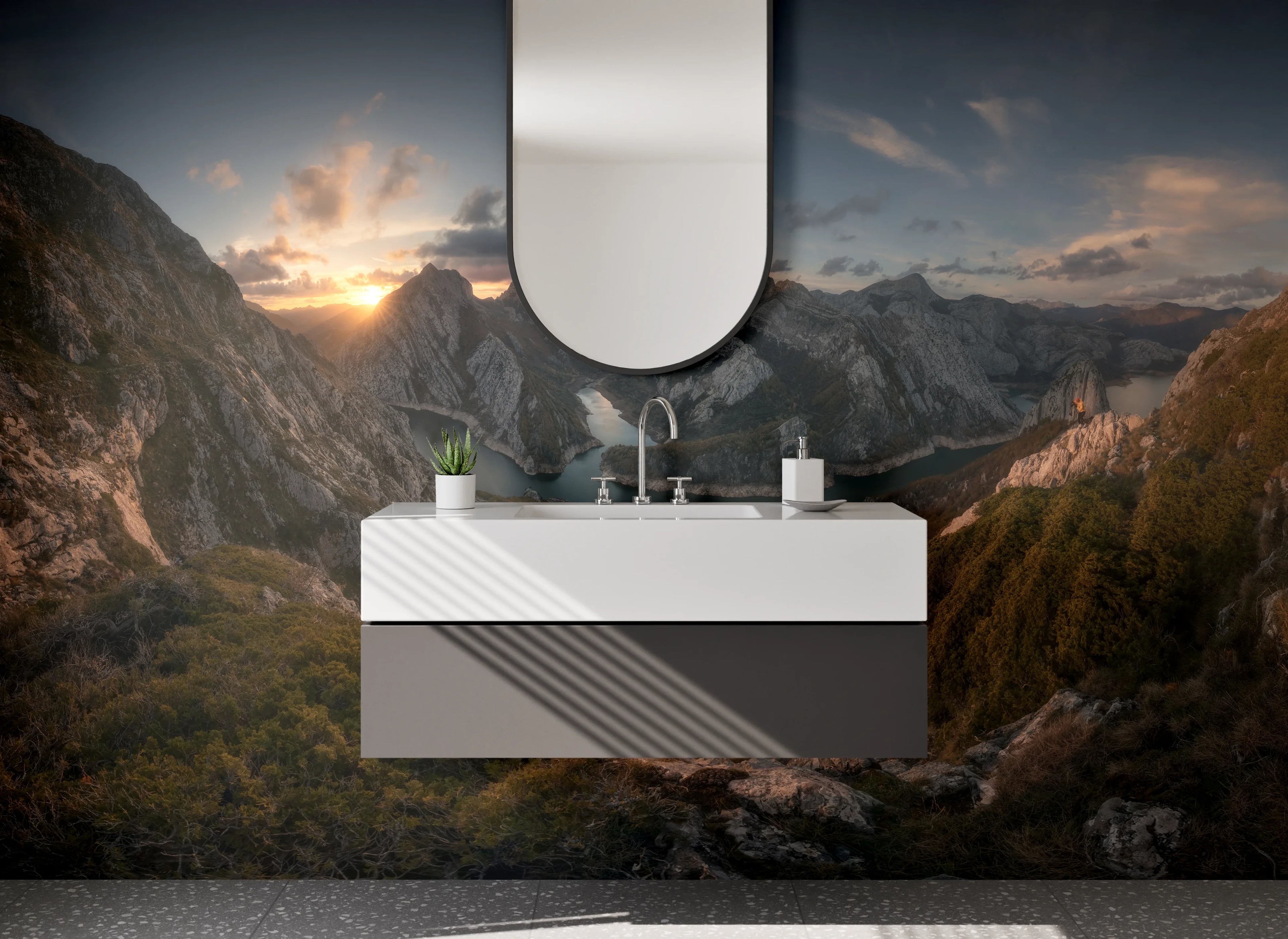 Waschbecken-Rückwand - Graue Sonnenuntergangsberge