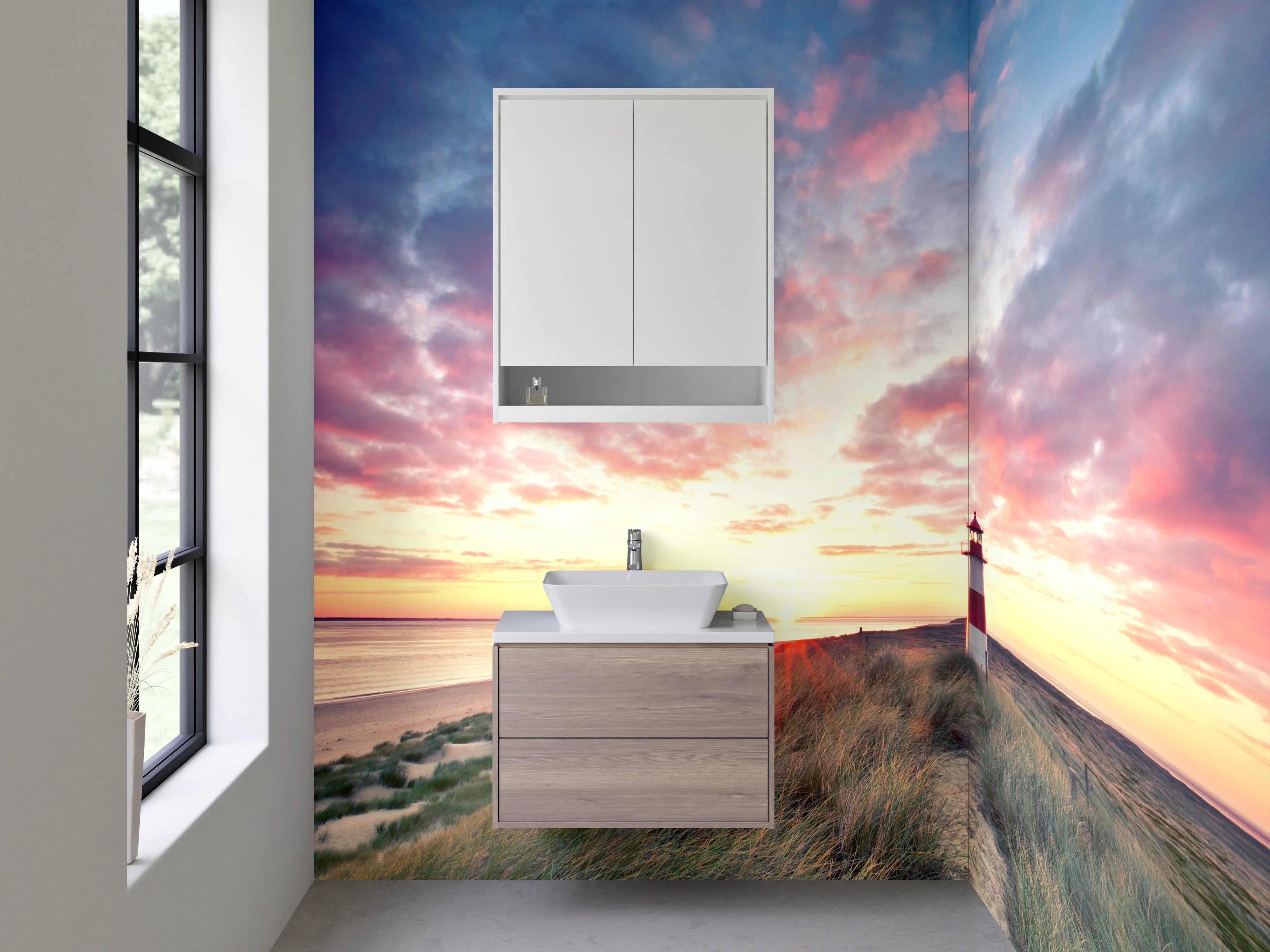 Waschbecken-Rückwand - Graue Stille: Leuchtturm im Abendlicht