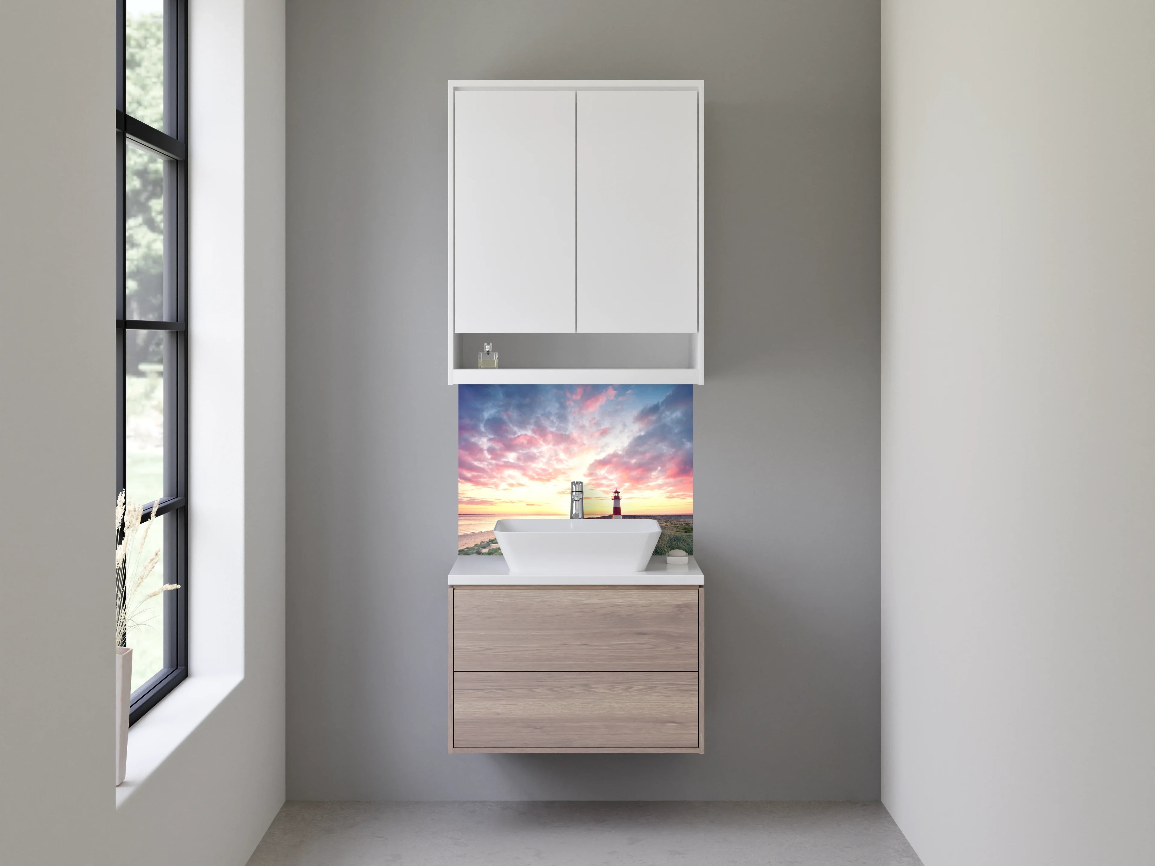 Waschbecken-Rückwand - Graue Stille: Leuchtturm im Abendlicht