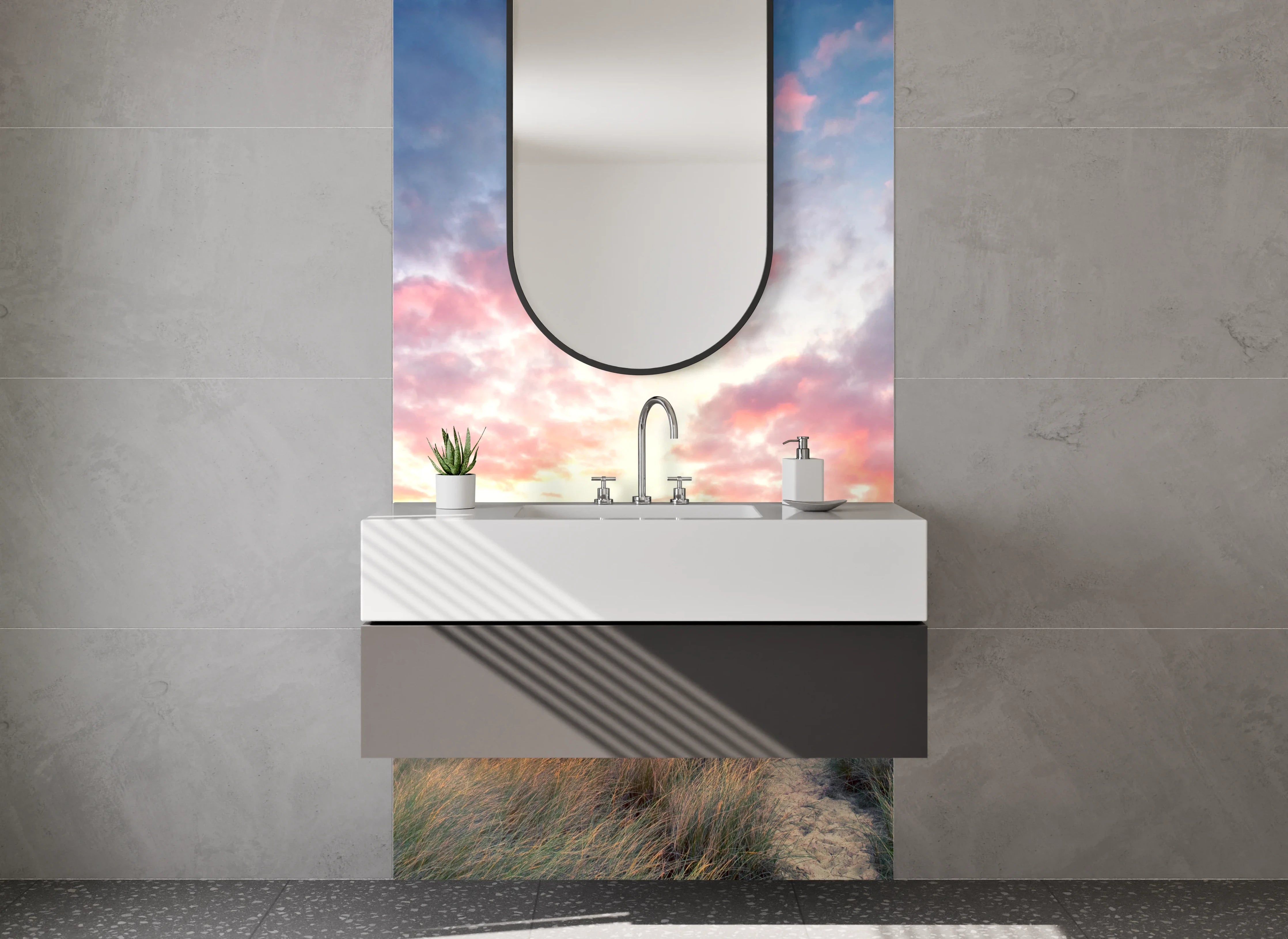 Waschbecken-Rückwand - Graue Stille: Leuchtturm im Abendlicht