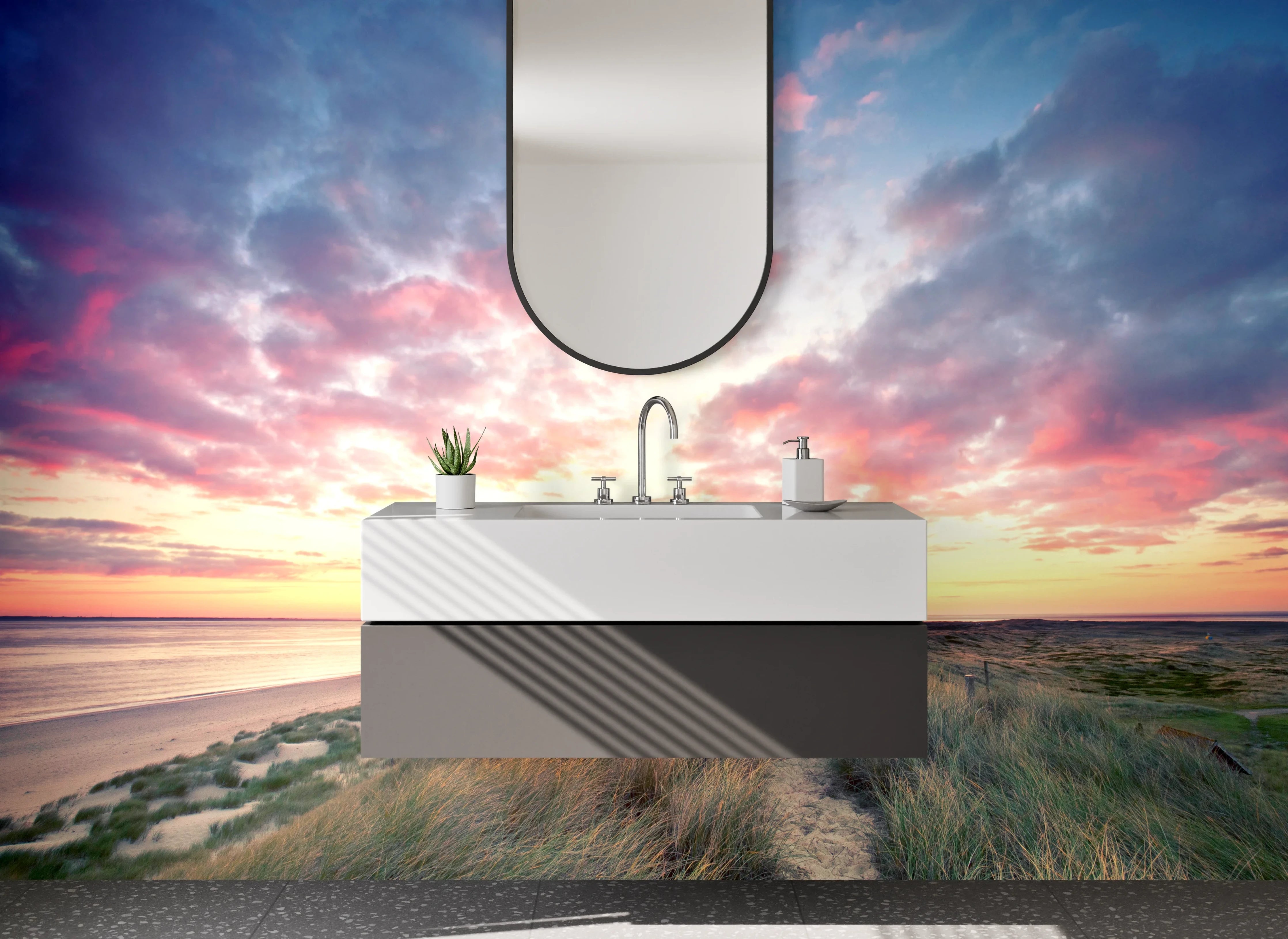 Waschbecken-Rückwand - Graue Stille: Leuchtturm im Abendlicht