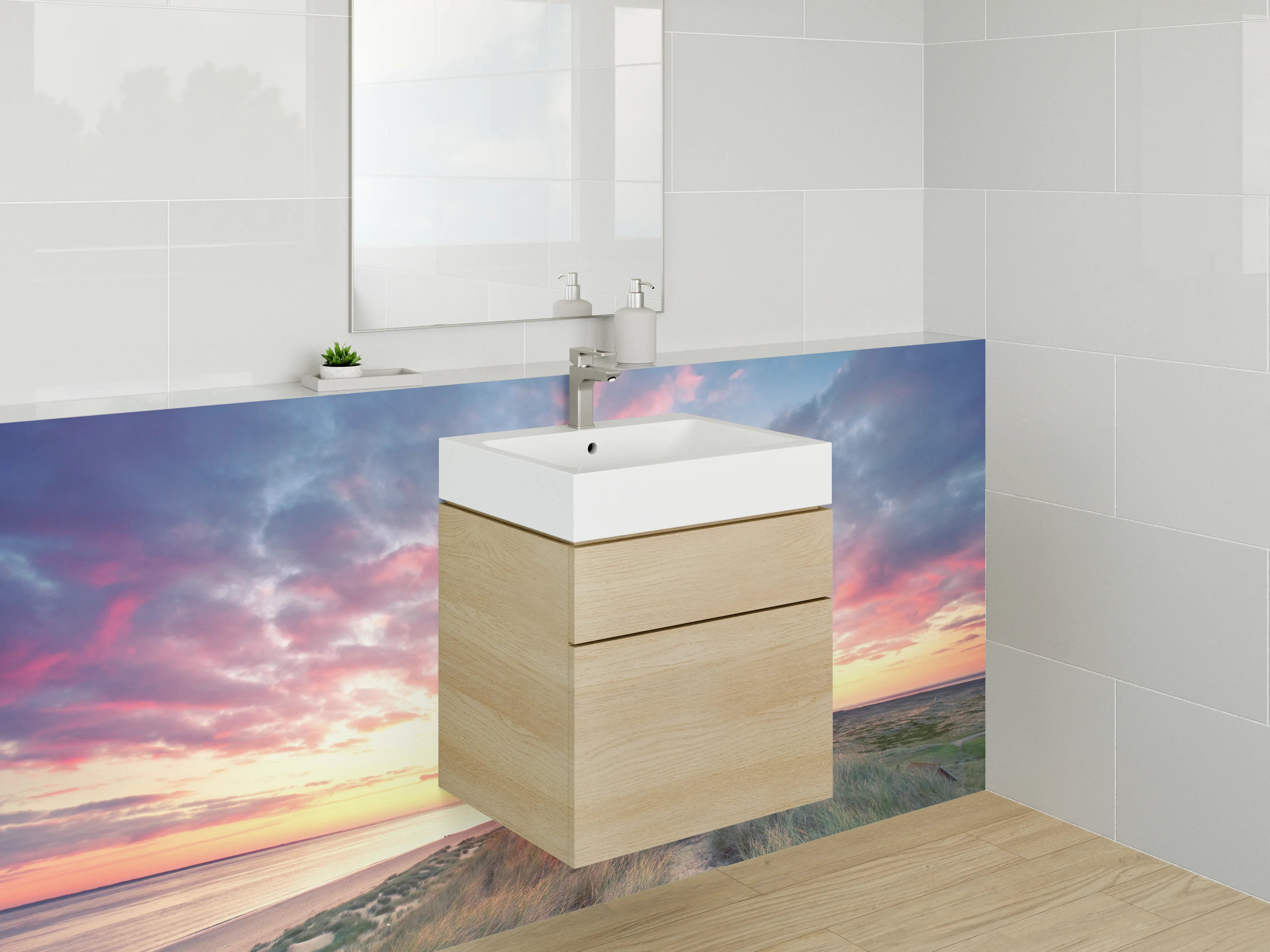 Waschbecken-Rückwand - Graue Stille: Leuchtturm im Abendlicht