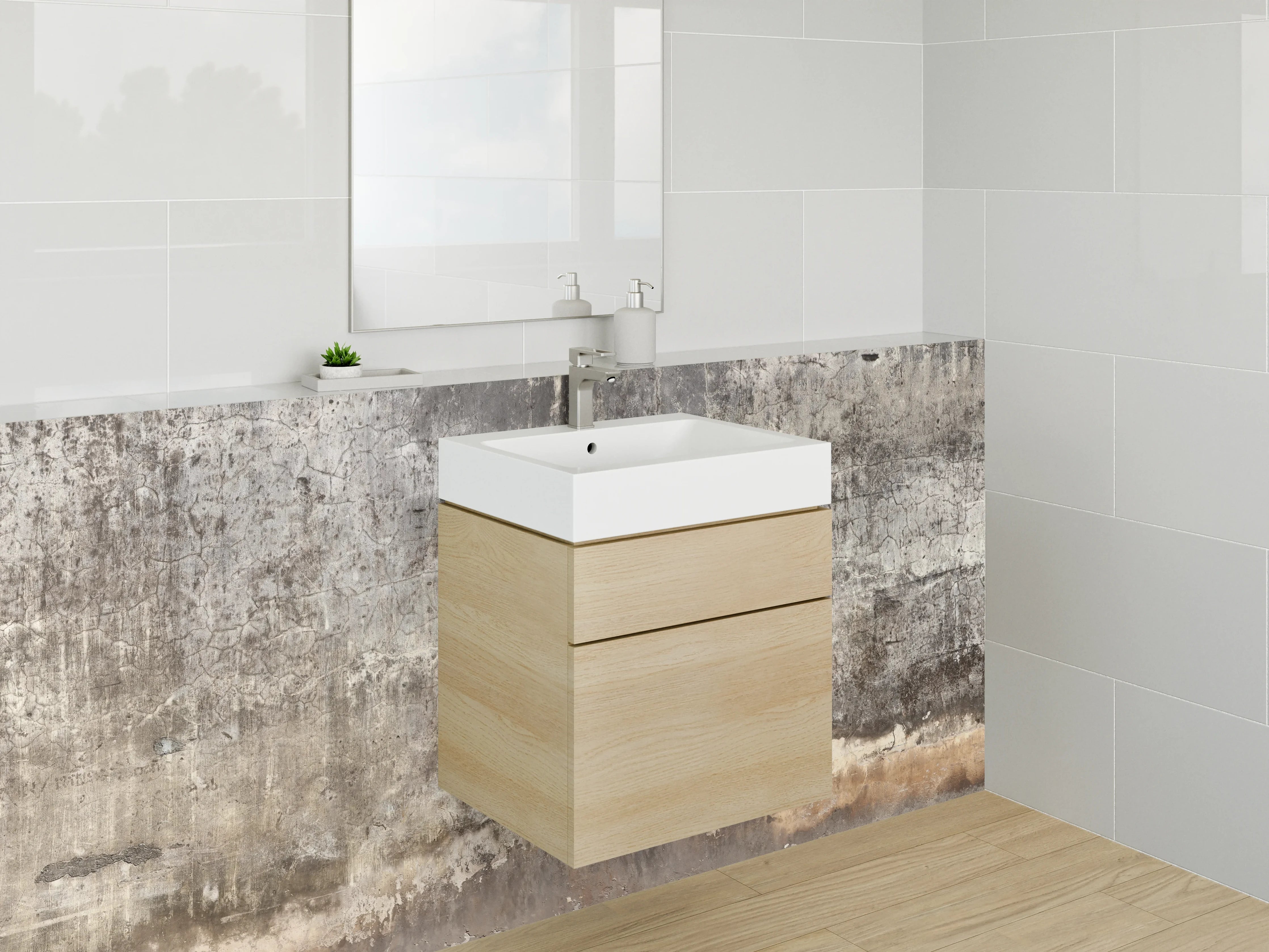 Waschbecken-Rückwand - Graue Vintage-Betonwand mit Weißakzenten
