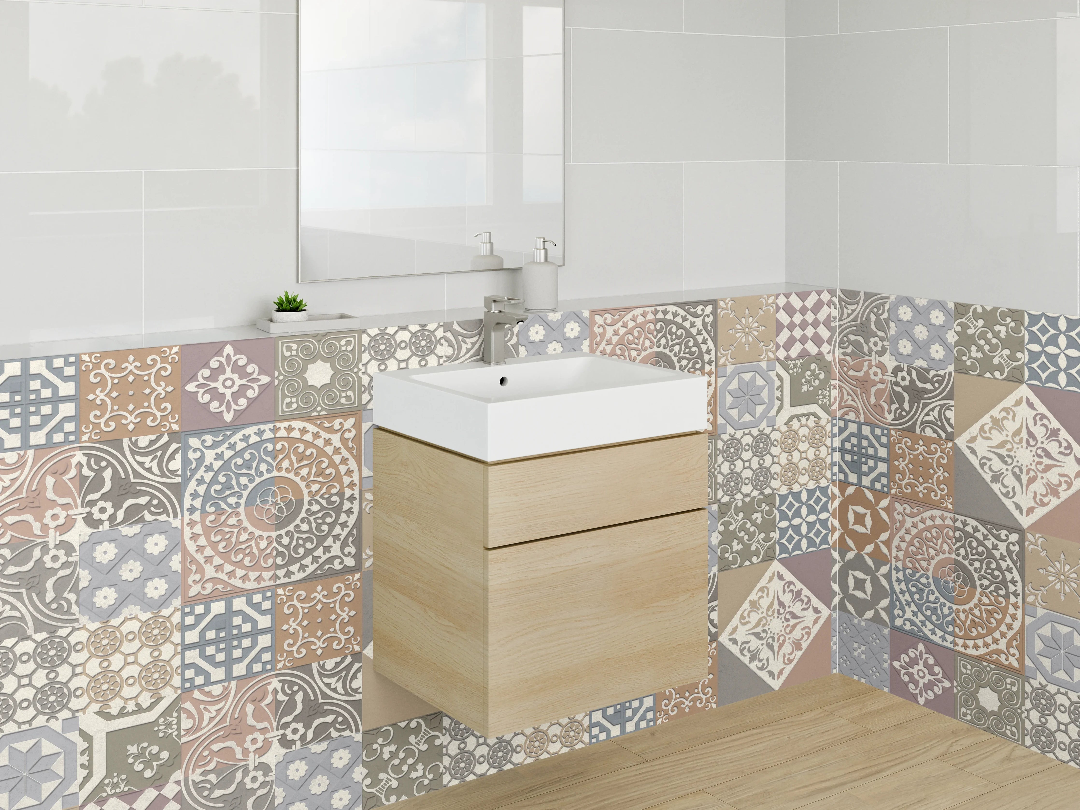 Waschbecken-Rückwand - Graue Vintage-Fliesenrückwand mit Weißakzenten
