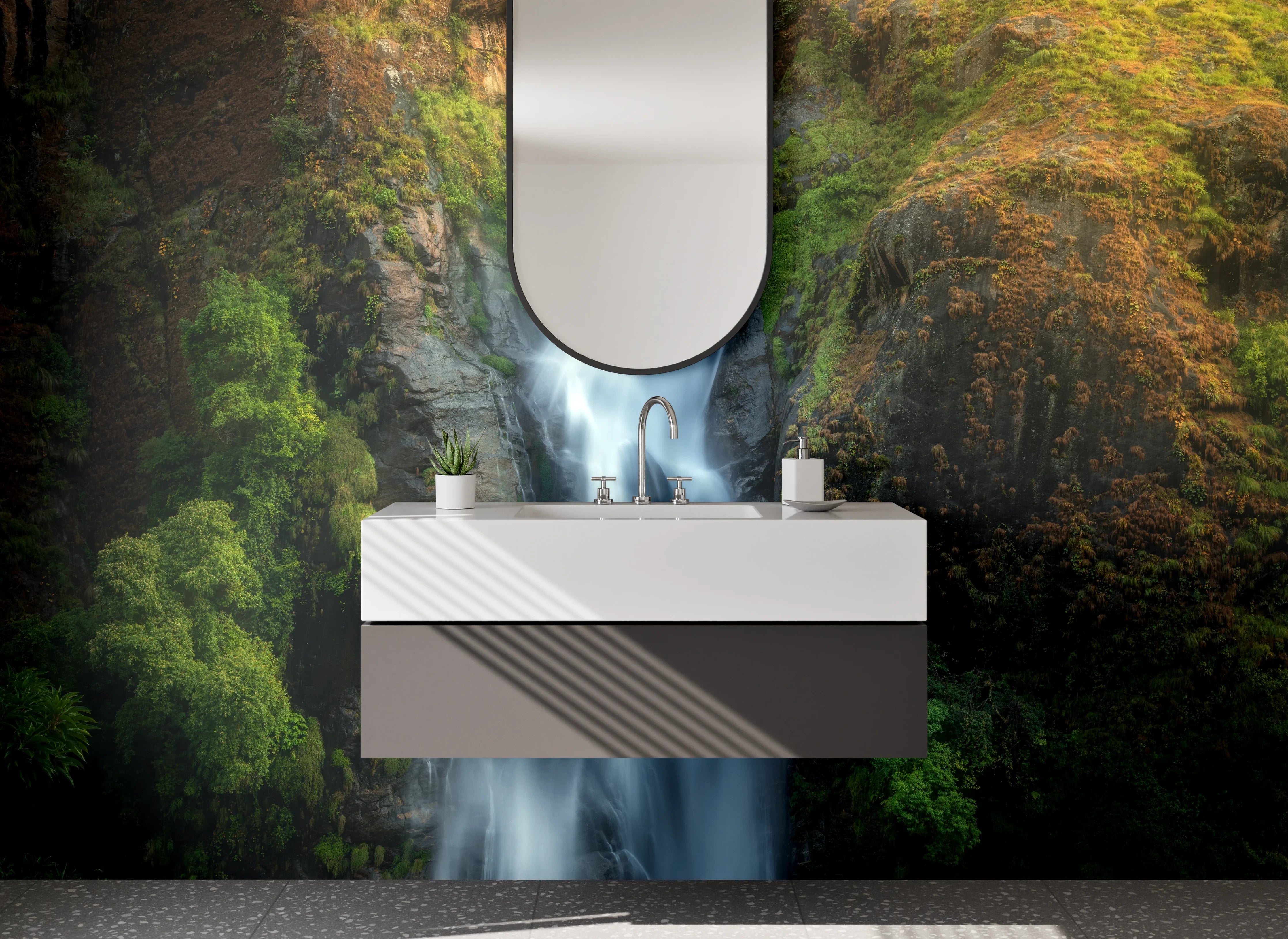Waschbecken-Rückwand - Graue Wasserfälle im Lichtspiel