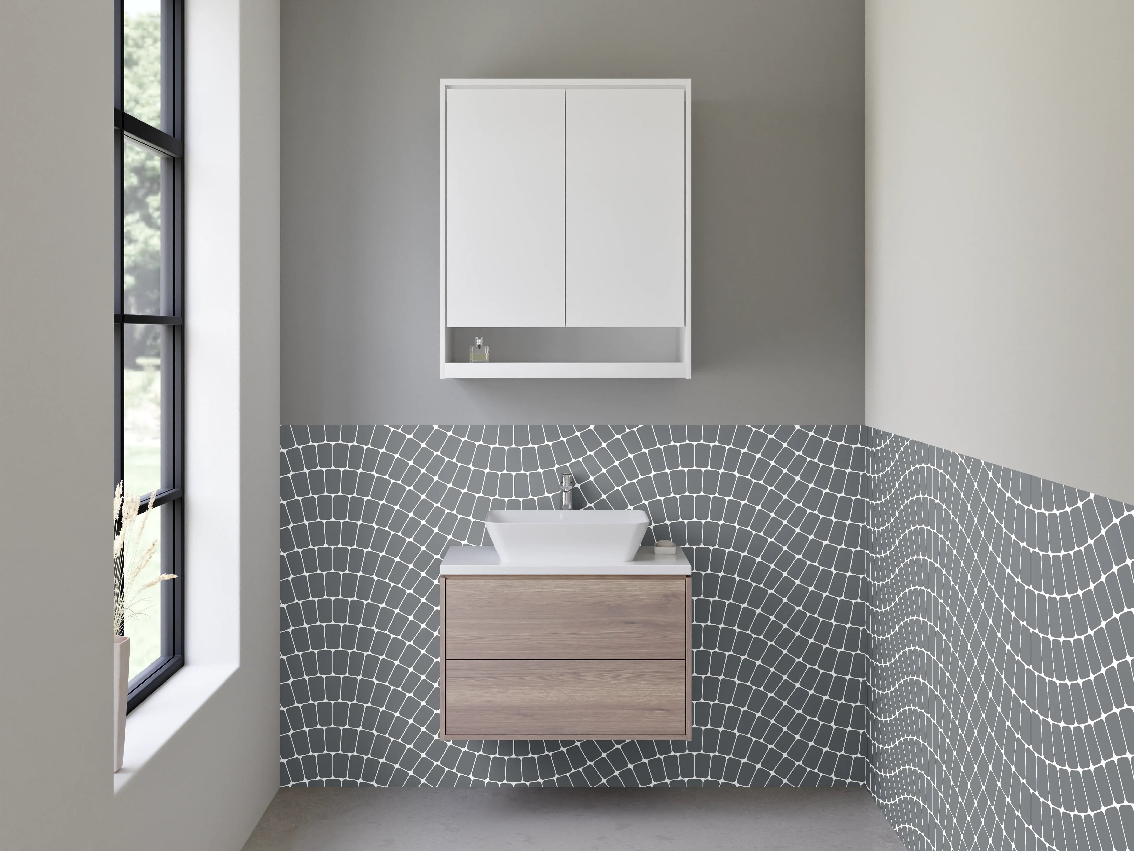 Waschbecken-Rückwand - Graue Wellen auf Weiß Modern