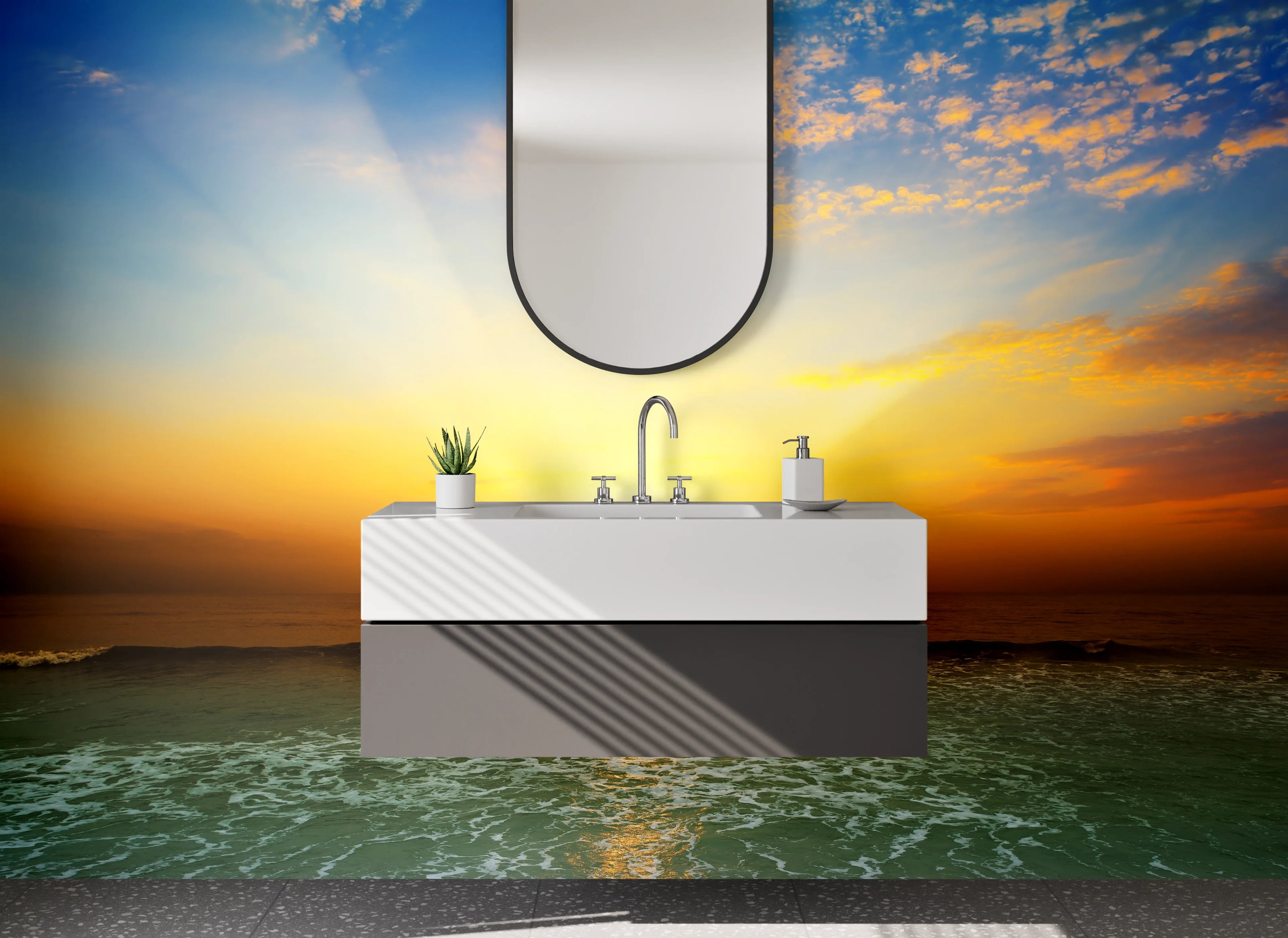 Waschbecken-Rückwand - Grauer Abendhimmel am weißen Strand