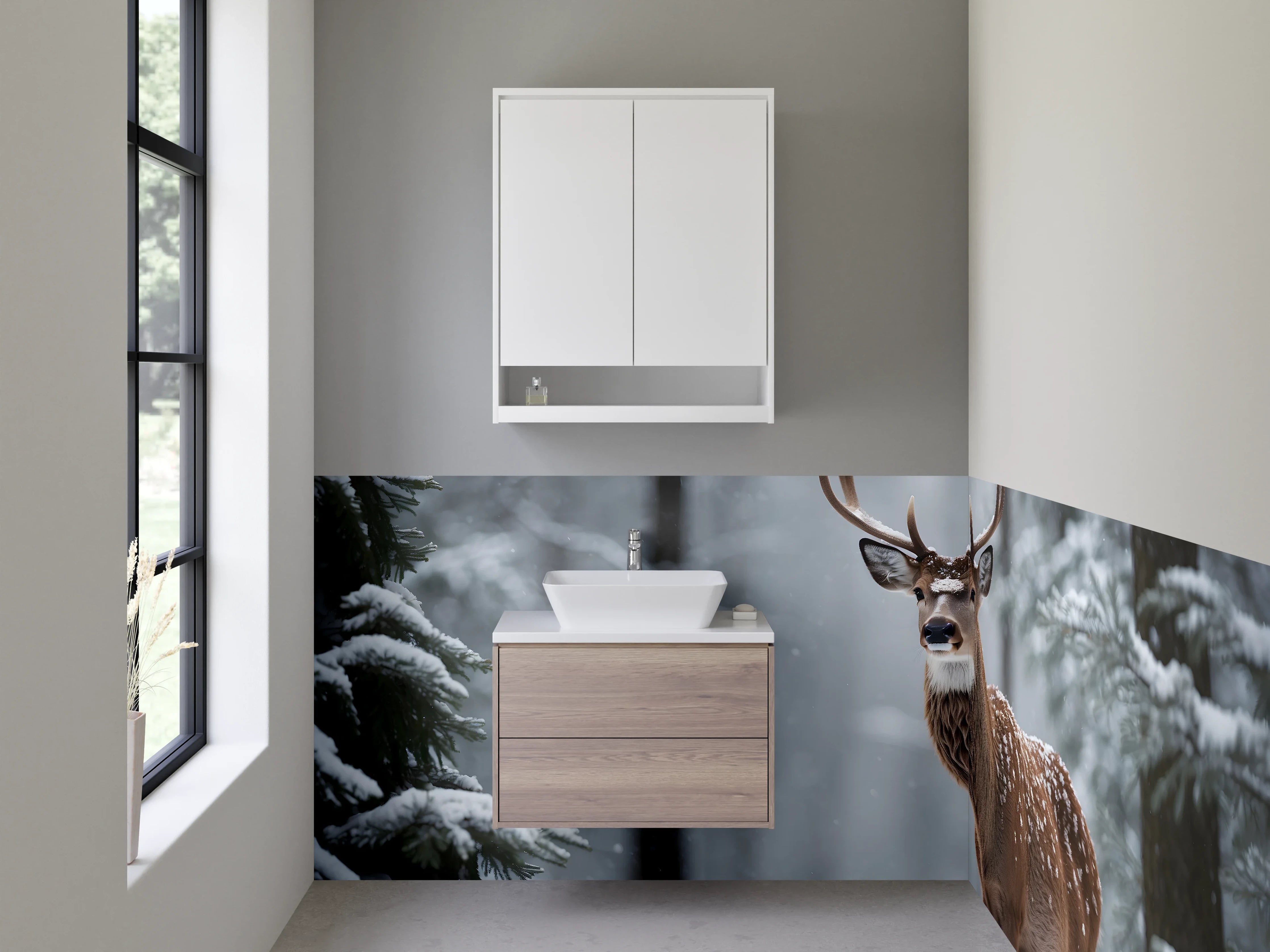 Waschbecken-Rückwand - Grauer Hirsch zwischen weißen Stämmen