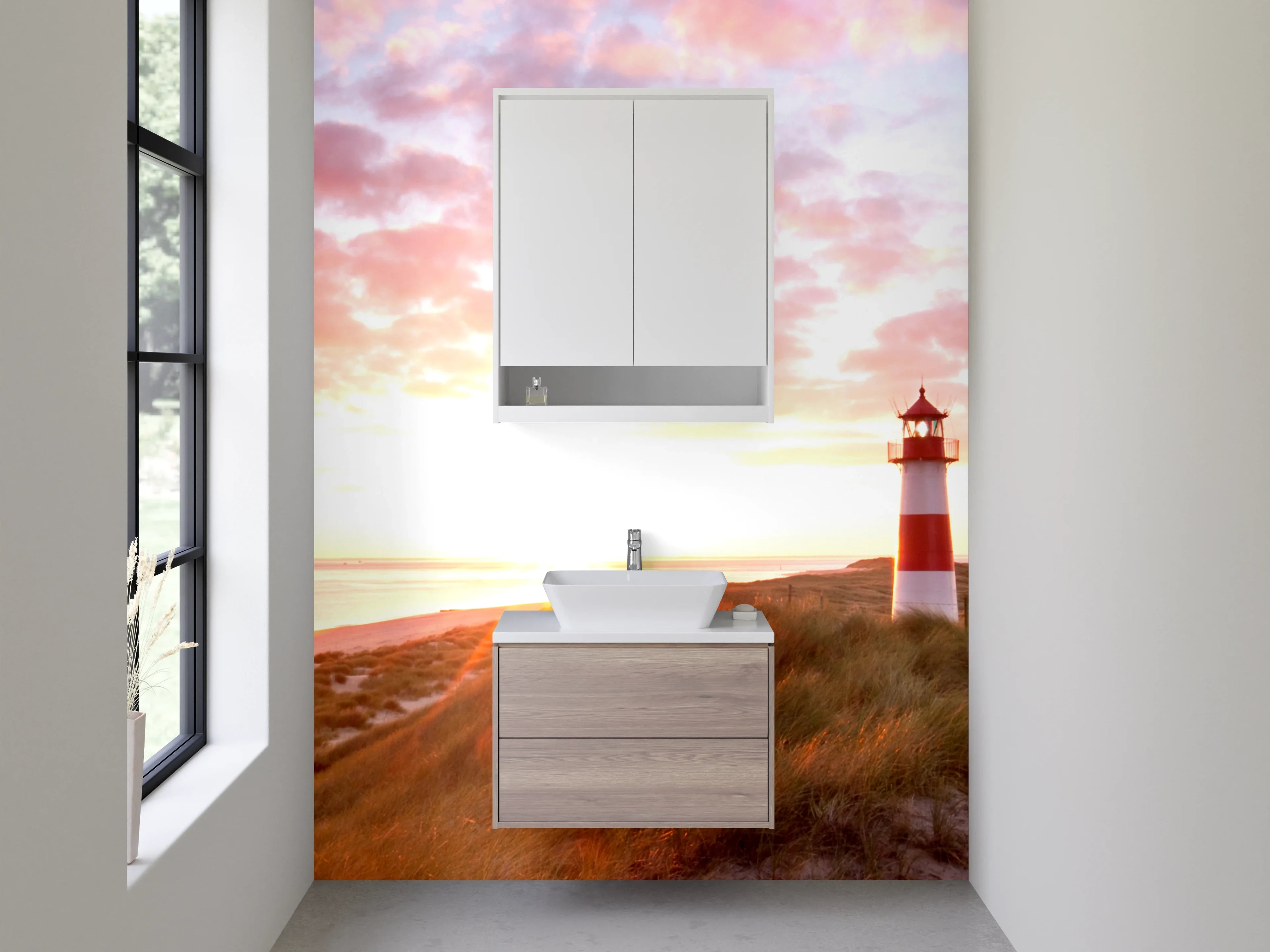 Waschbecken-Rückwand - Grauer Leuchtturm beim Sonnenabend