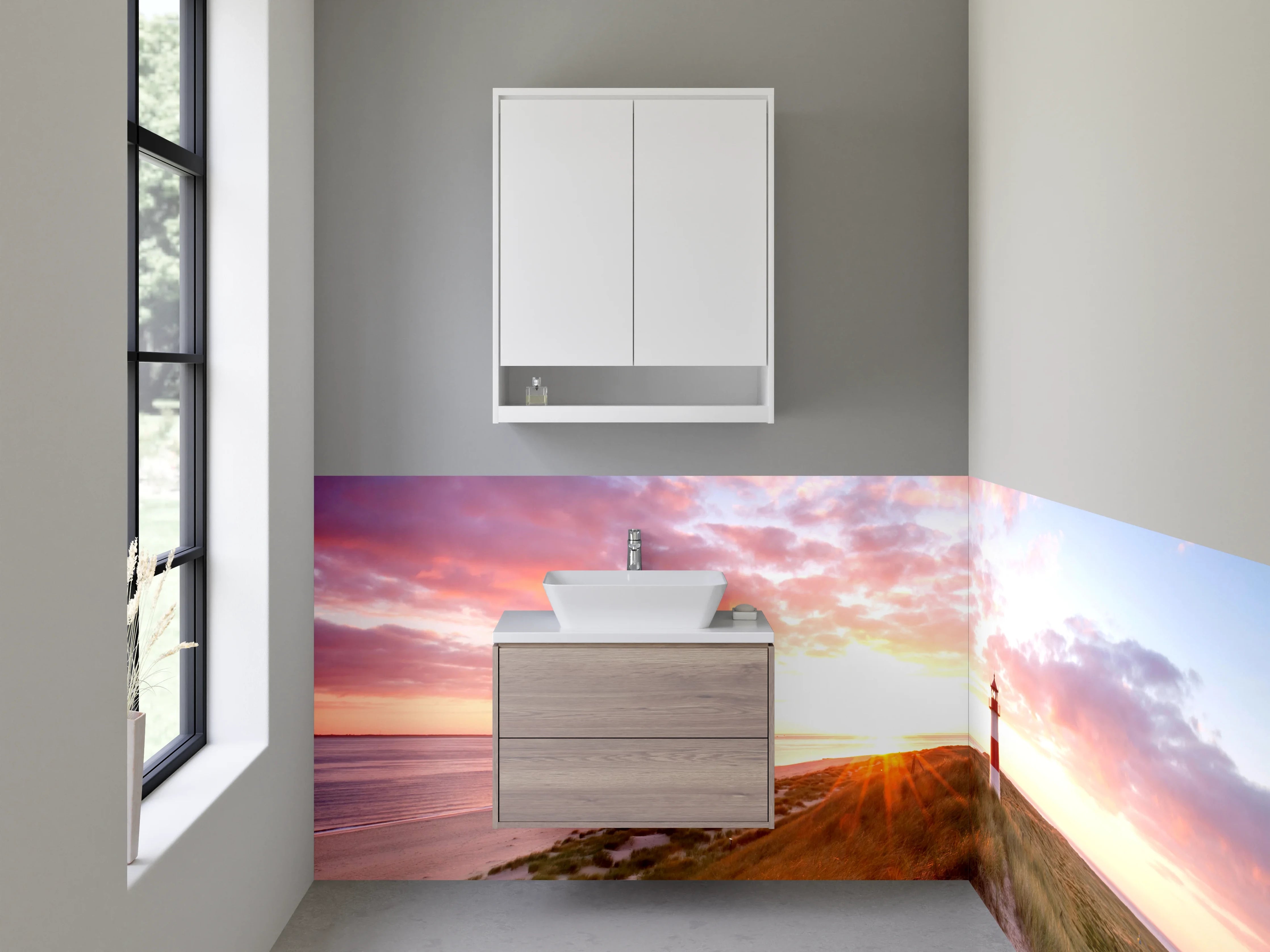 Waschbecken-Rückwand - Grauer Leuchtturm beim Sonnenabend