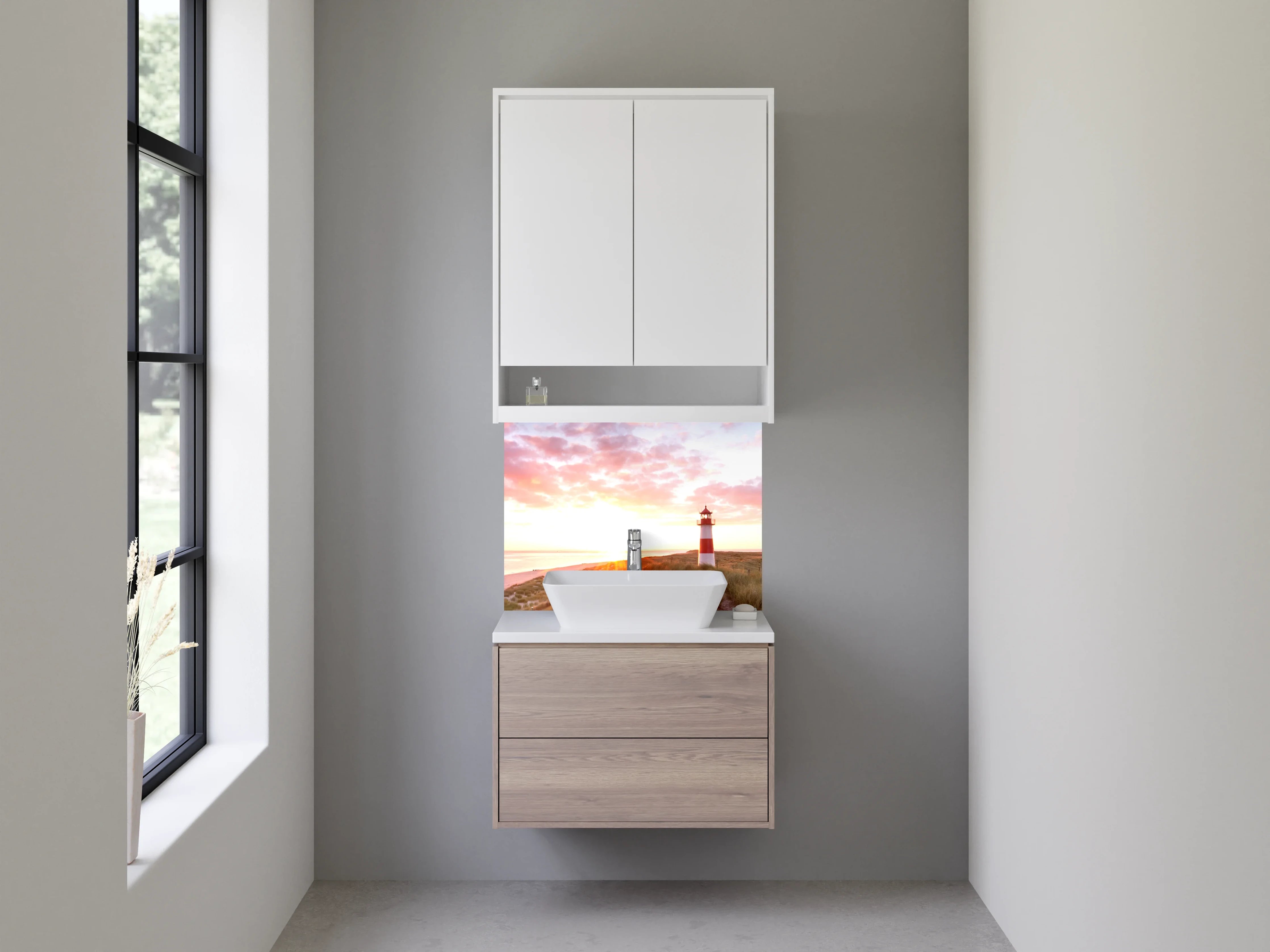 Waschbecken-Rückwand - Grauer Leuchtturm beim Sonnenabend