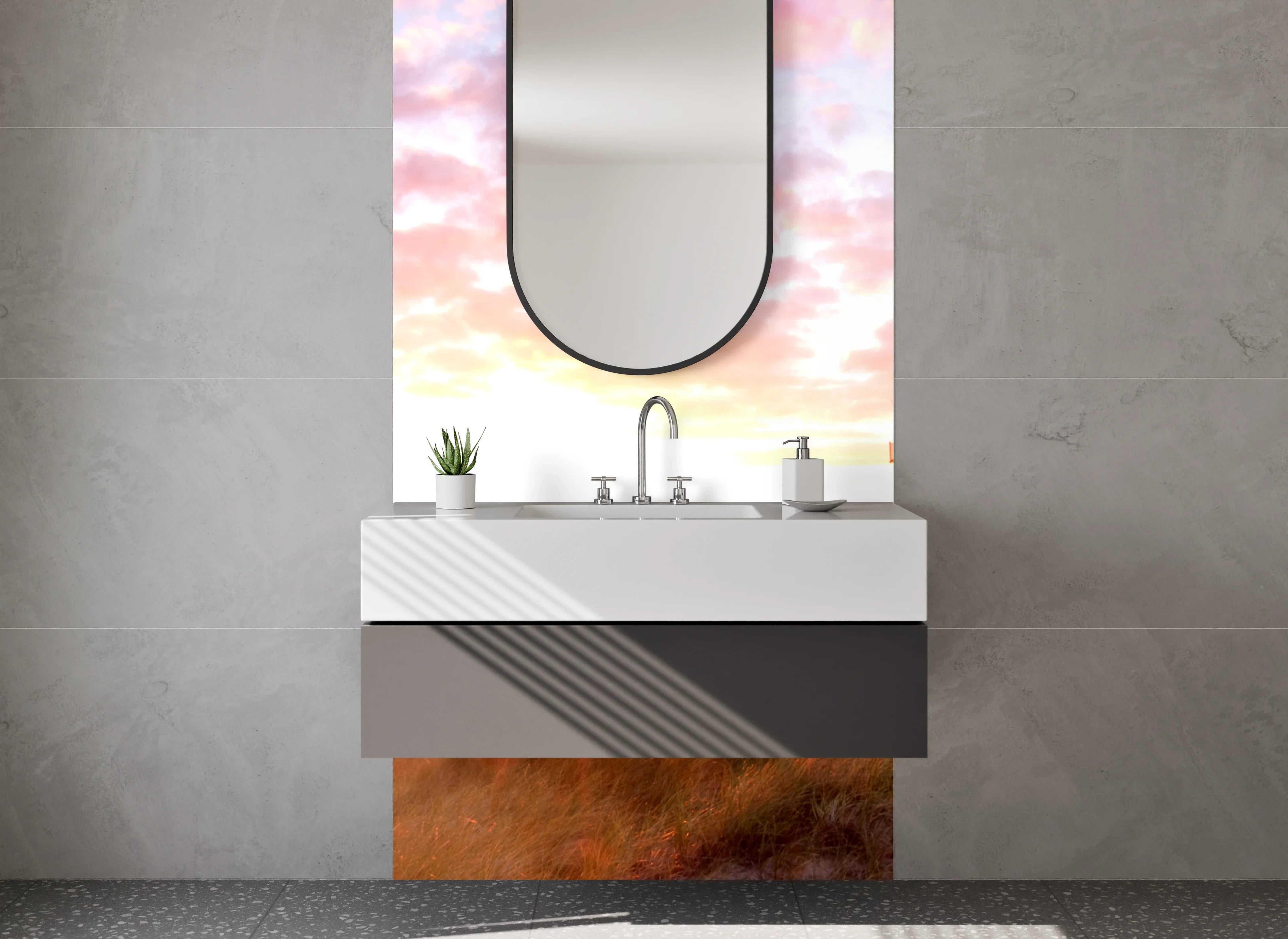 Waschbecken-Rückwand - Grauer Leuchtturm beim Sonnenabend