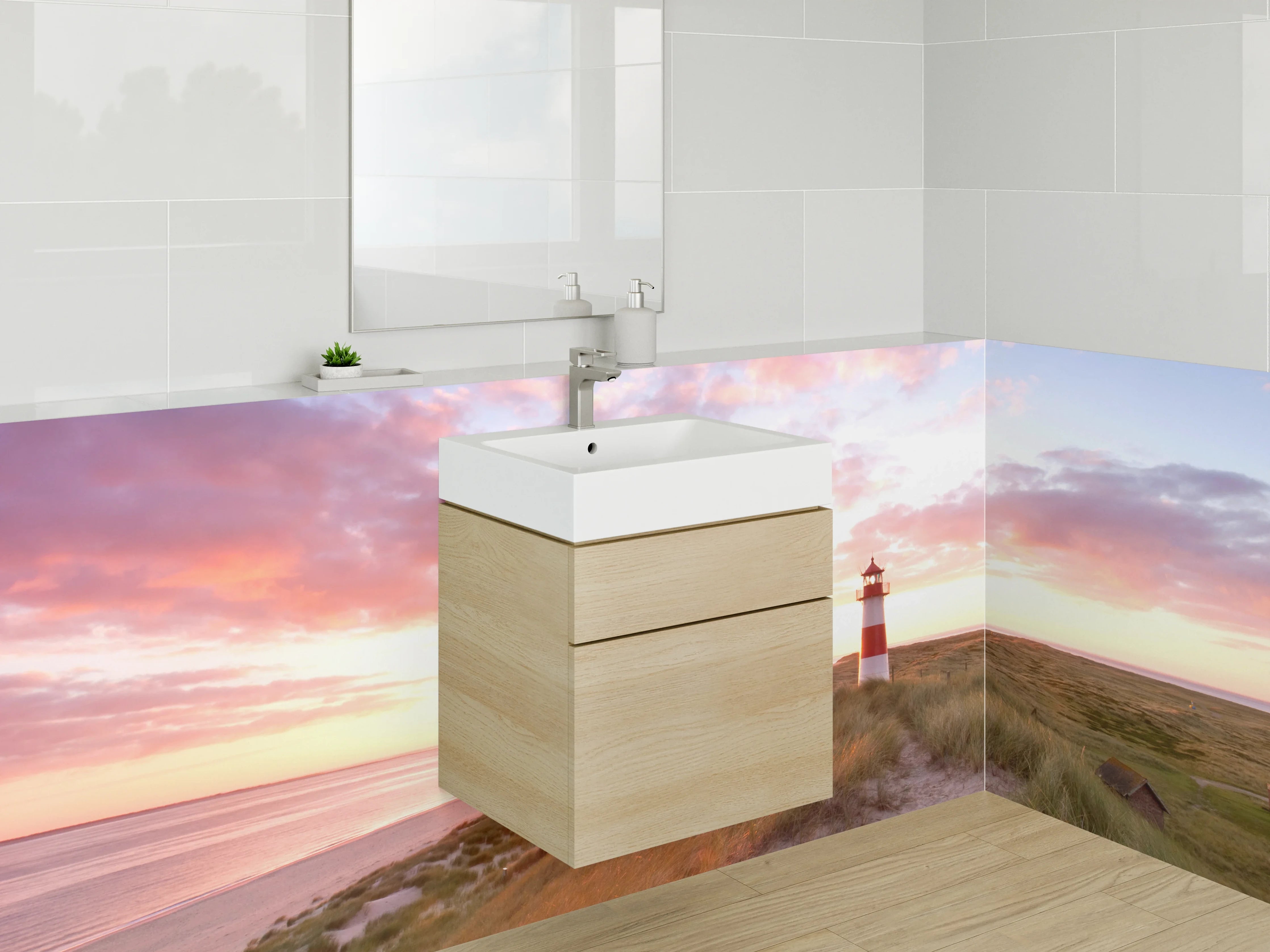 Waschbecken-Rückwand - Grauer Leuchtturm beim Sonnenabend