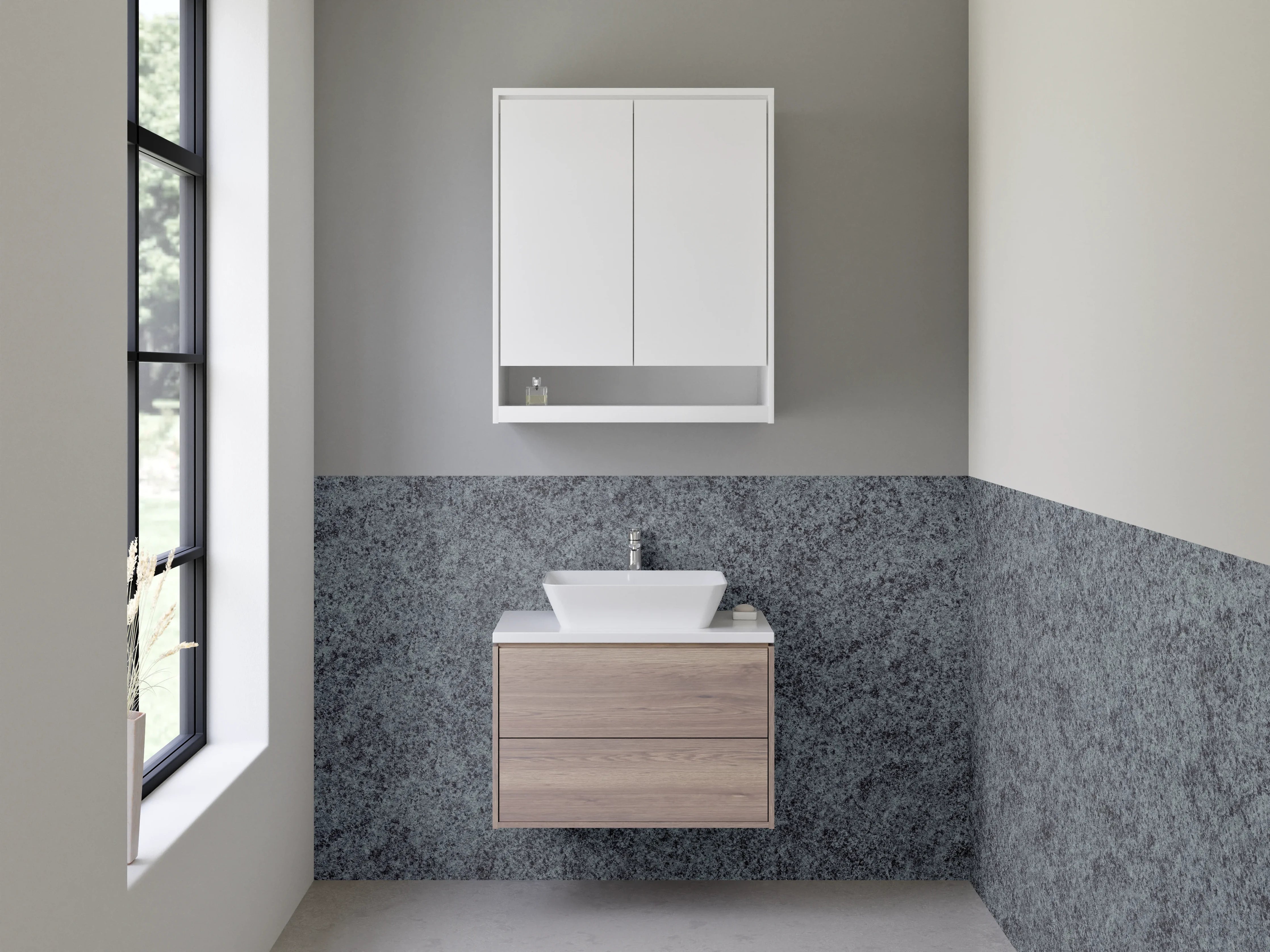 Waschbecken-Rückwand - Grauer Linoleum Bodenbelag
