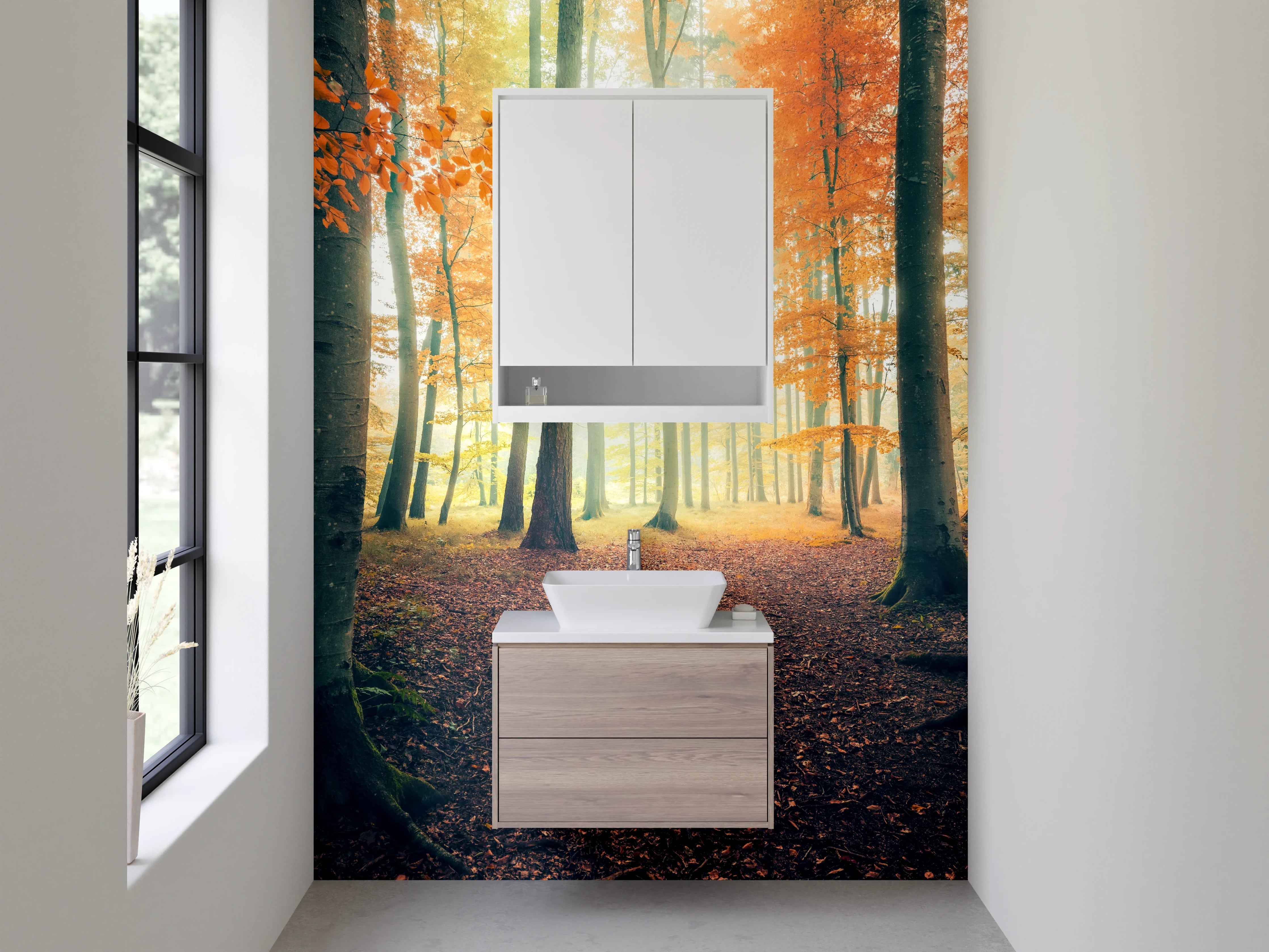 Waschbecken-Rückwand - Grauer Morgengang im Herbstwald