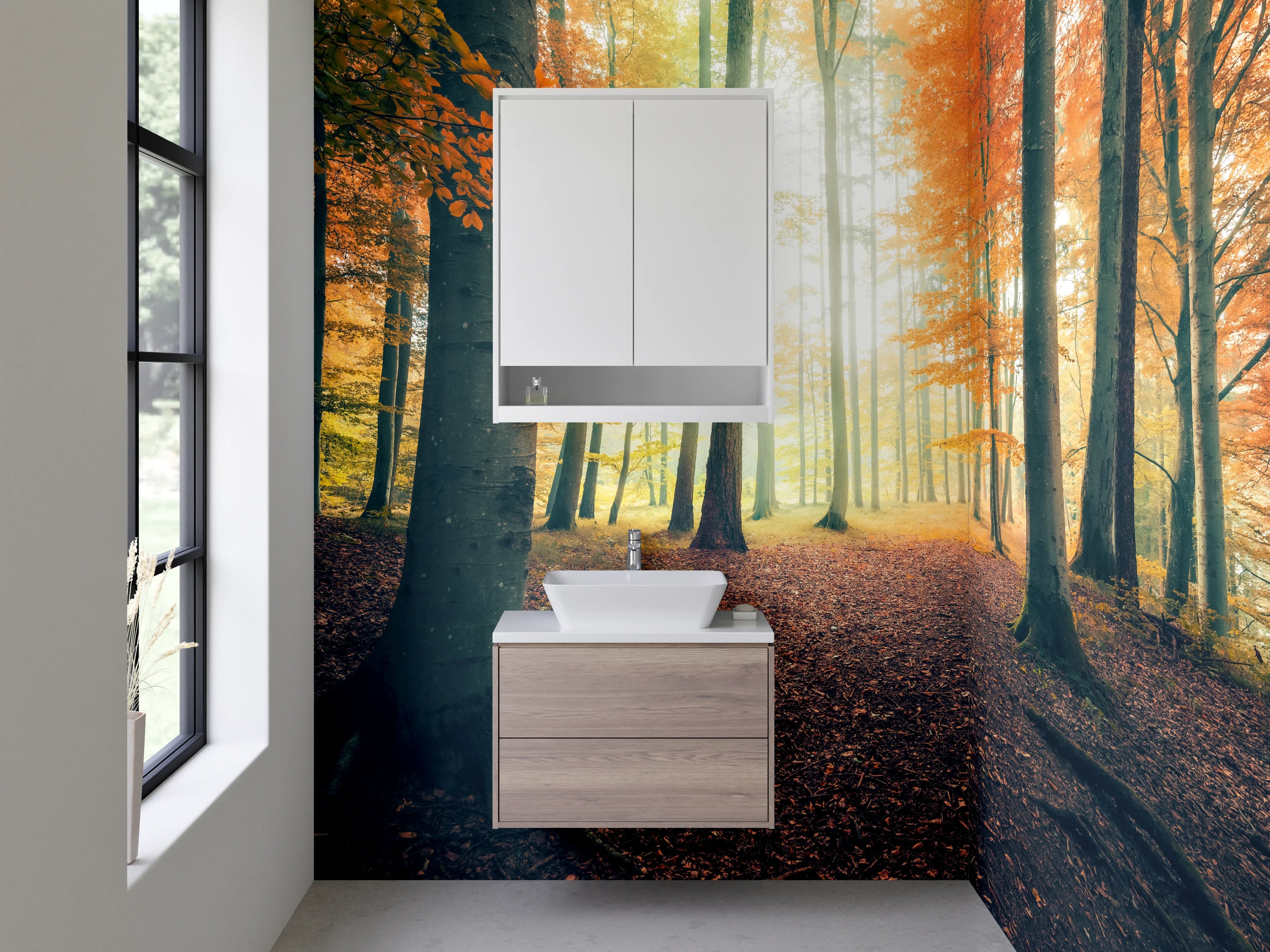 Waschbecken-Rückwand - Grauer Morgengang im Herbstwald