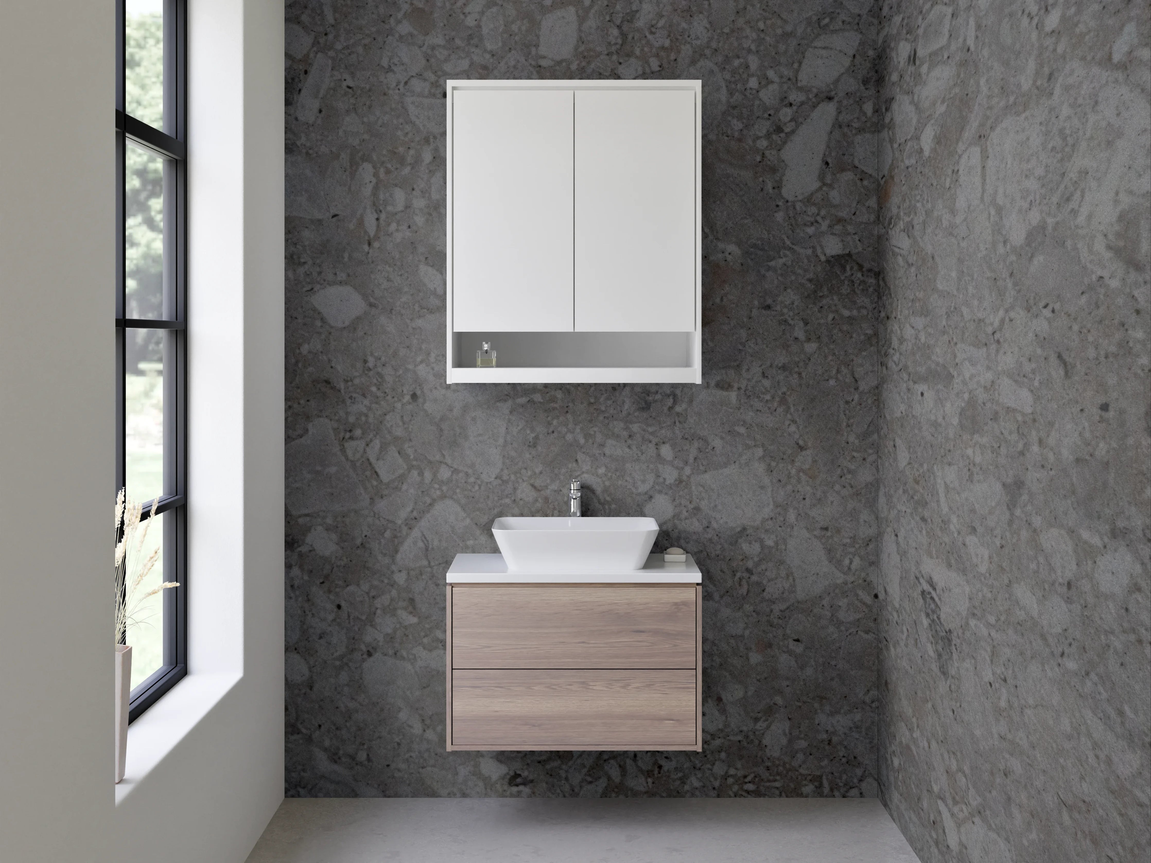 Waschbecken-Rückwand - Grauer Naturstein mit strukturierter Oberfläche